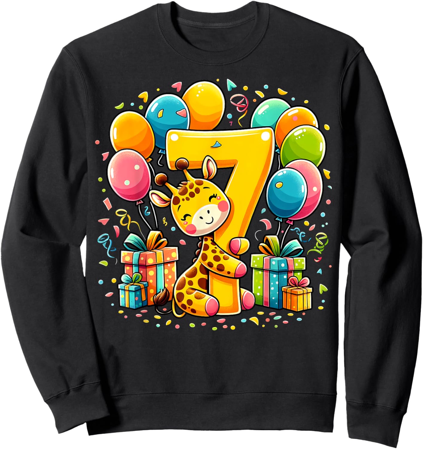 Giraffe 7th birthday boy girl 7 years seventh seven Giraffe Sweatshirt - Sweatshirt | Black