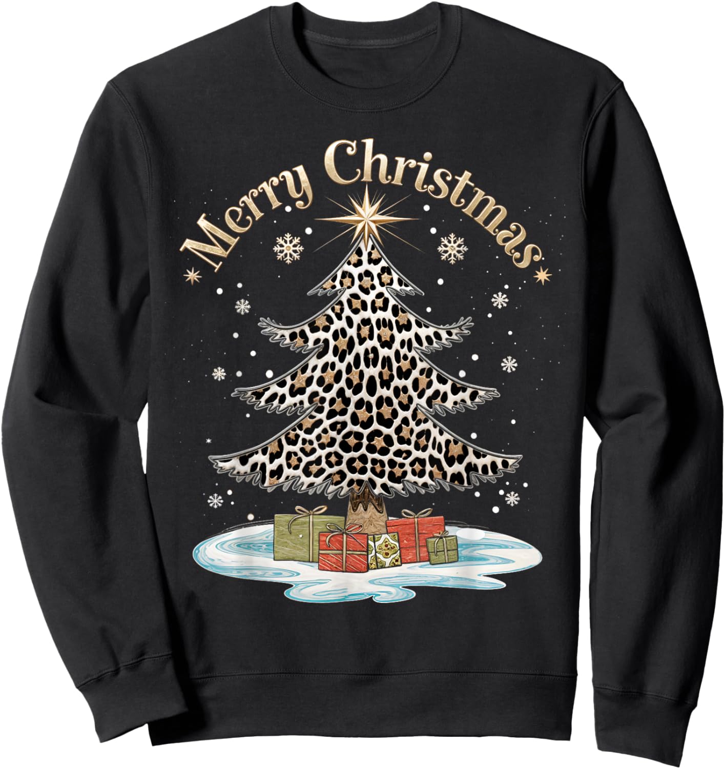Merry Christmas Leopard Plaid Tree Snowflake Xmas Sweatshirt - Sweatshirt | Black