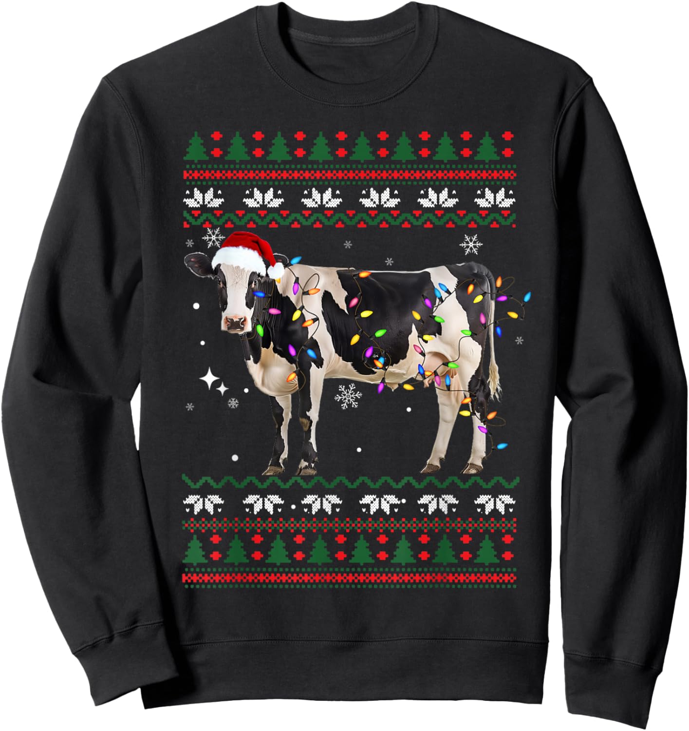 Funny Ugly Xmas Sweater Dairy Cow Farmer Lights Christmas Sweatshirt - Sweatshirt | Black
