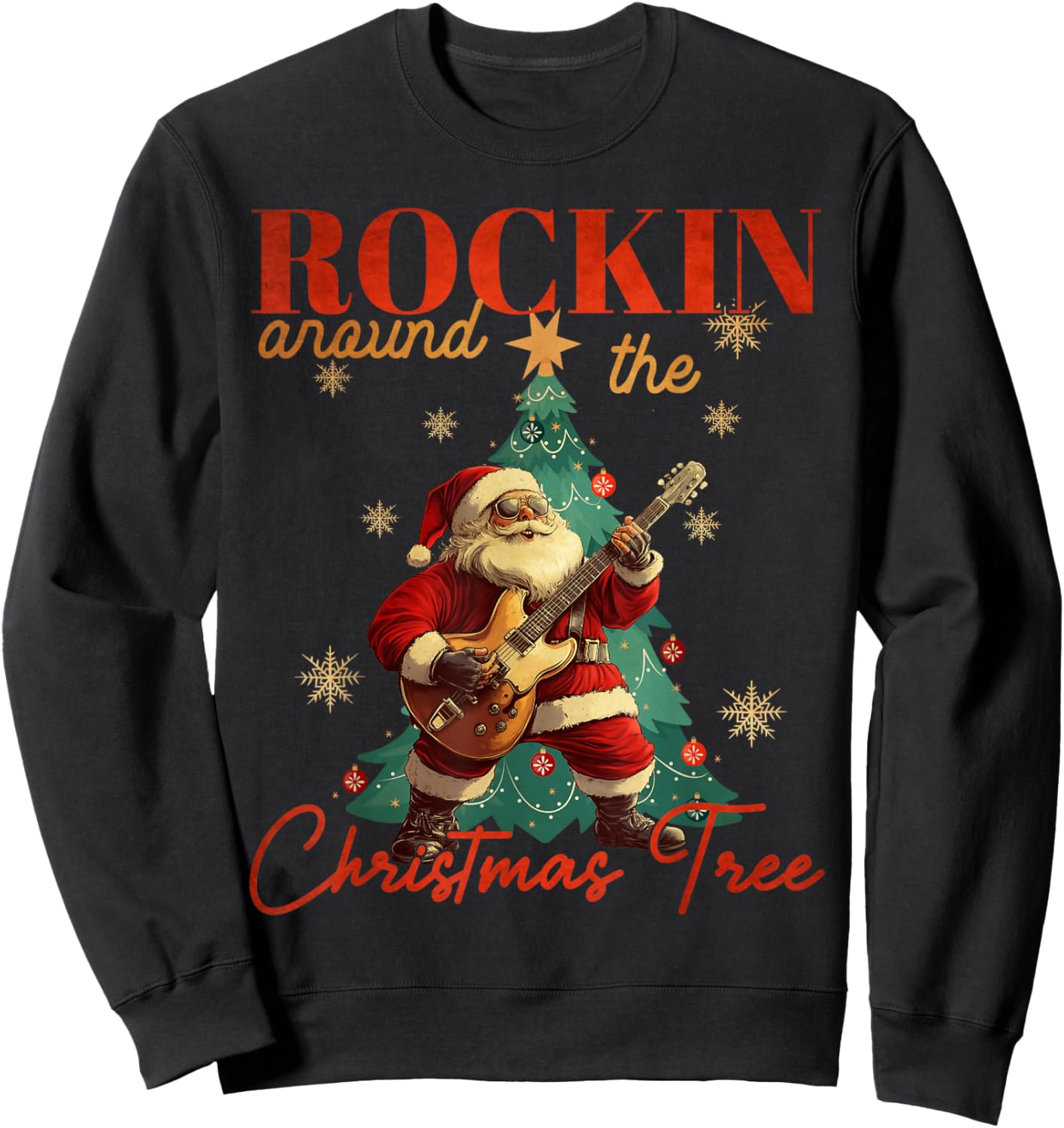 Rocking Around The Christmas Tree Santa Rock and Roll Guitar Sweatshirt - Sweatshirt | Black