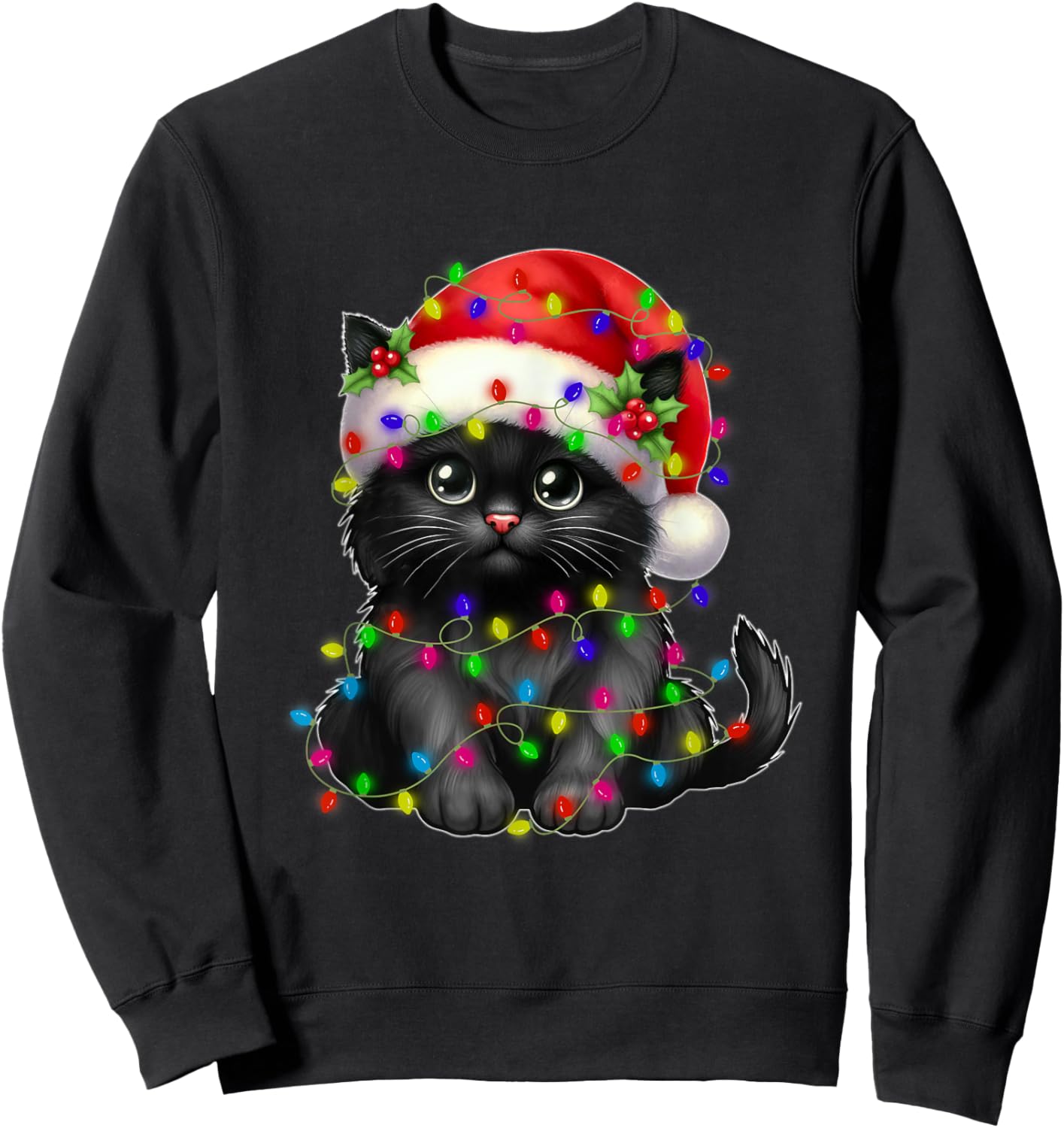 Black Cat Christmas Light Santa Hat Xmas Christmas Cat Lover Men Women Kids Sweatshirt - Sweatshirt | Black