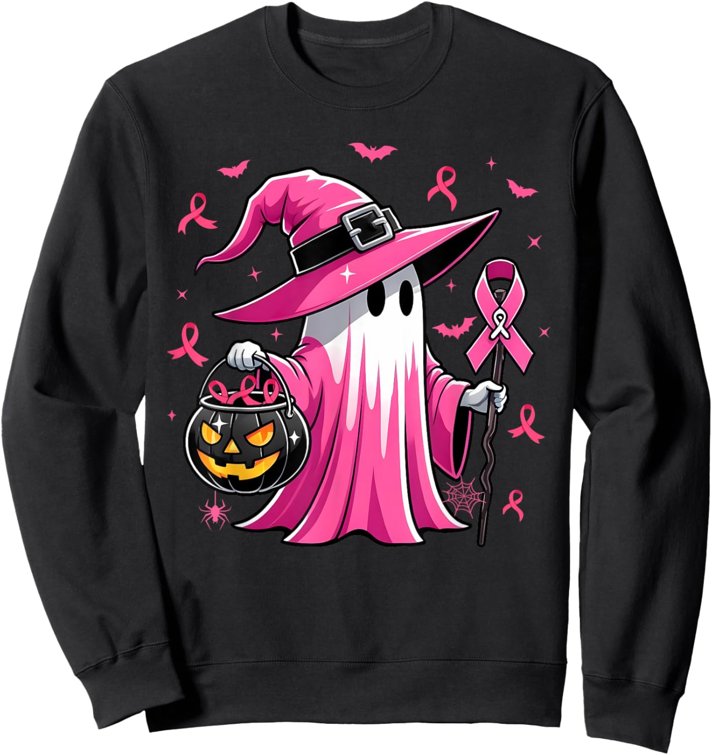 Halloween Pink Ghost Witch Breast Cancer Awareness Women Sweatshirt - Sweatshirt | Black