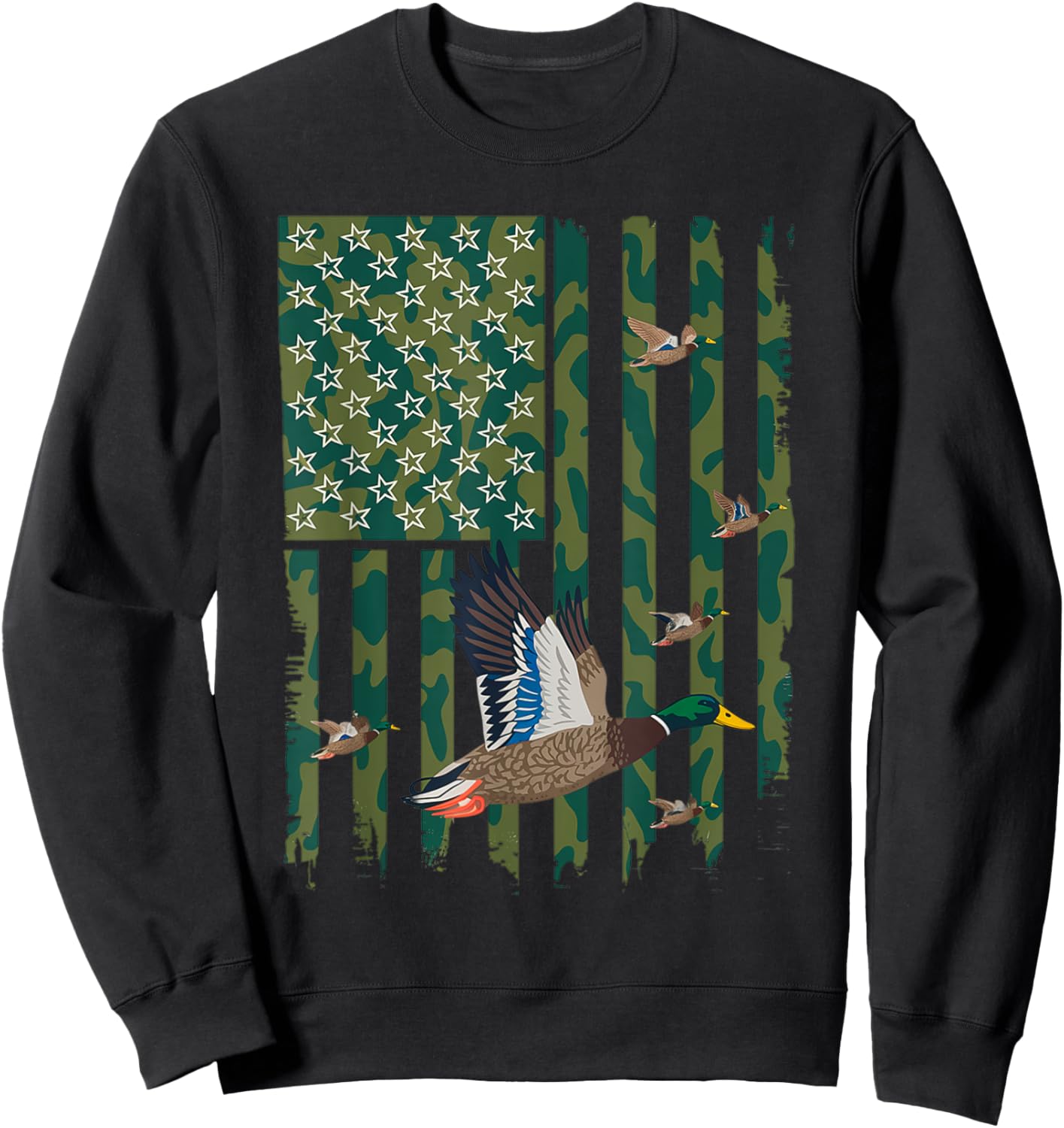 Camo Duck Hunting Shirt American Flag Hunting Gifts Men Boys Sweatshirt - Sweatshirt | Black