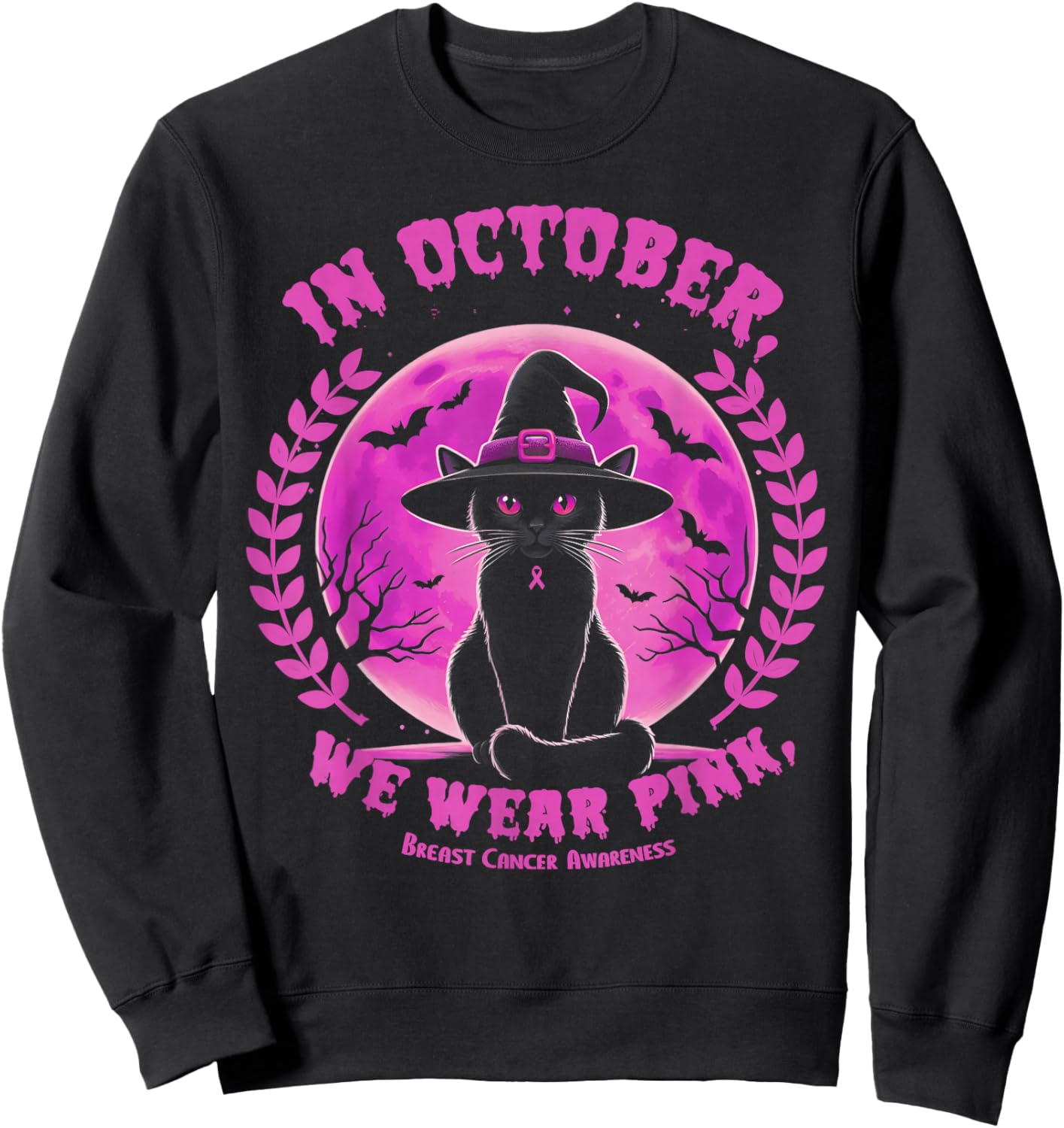 In October We Wear Pink Witch Cat Halloween Breast Cancer Sweatshirt - Sweatshirt | Black