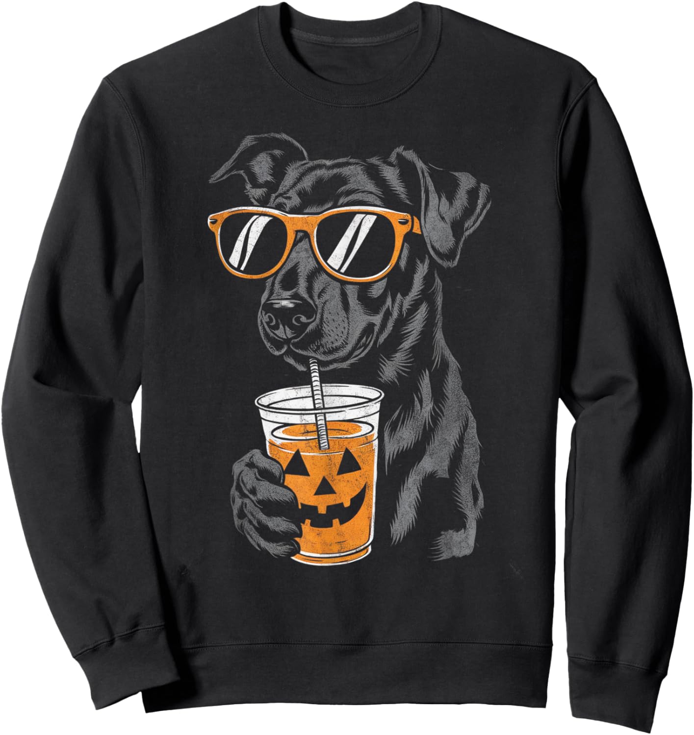 Black Dog with Pumpkin Drink Sunglasses Halloween Men Women Kids Sweatshirt - Sweatshirt | Black