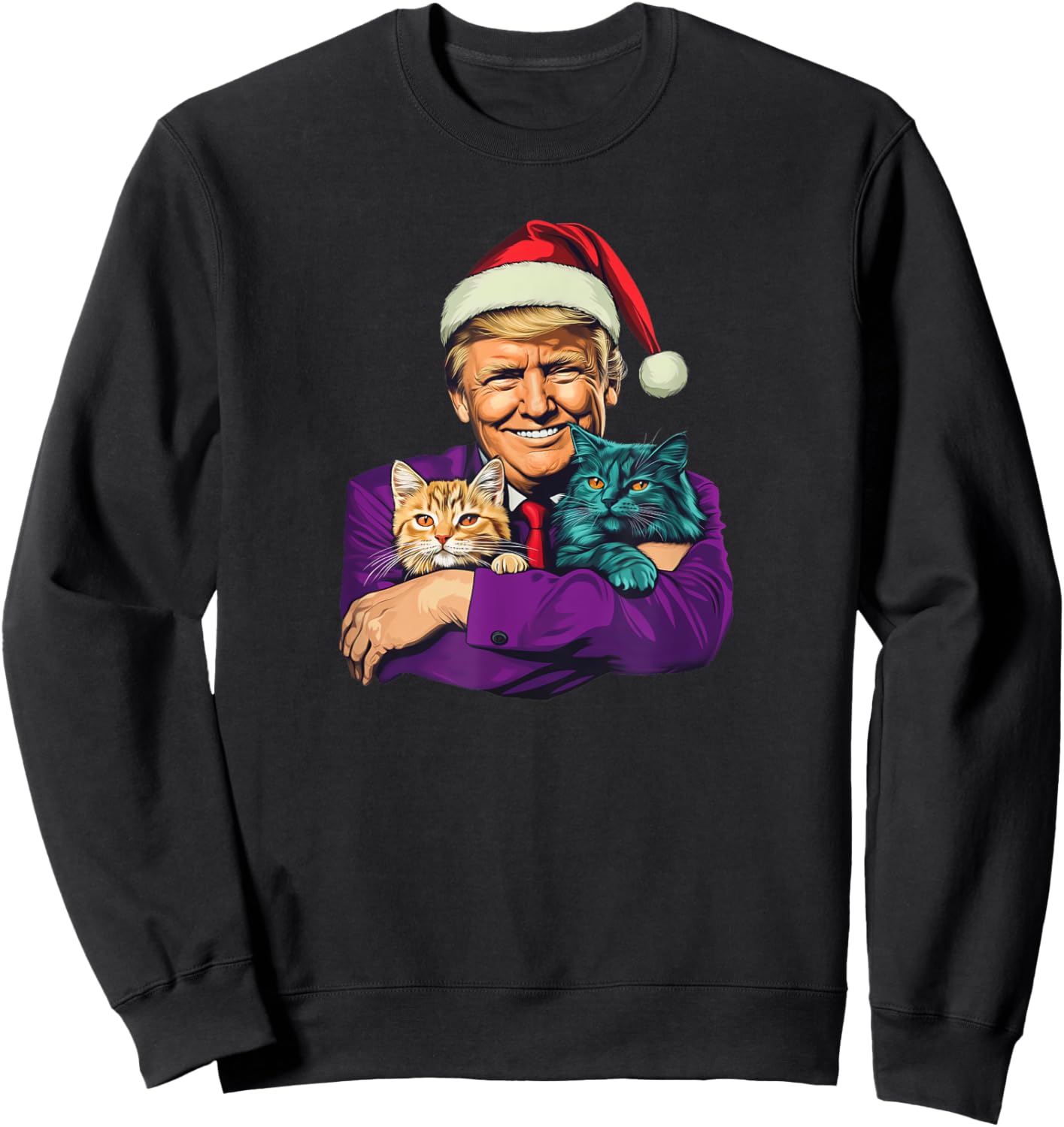 Trump Holding Cats Merry Christmas Festive Funny Sweatshirt - Sweatshirt | Black