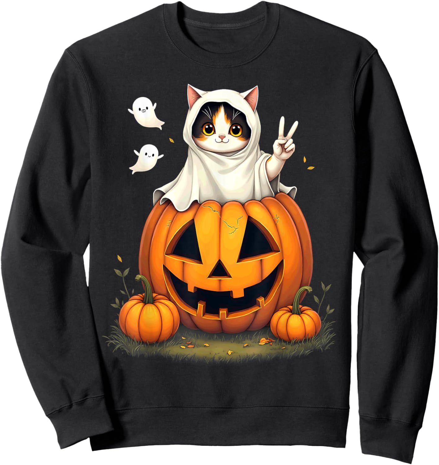 Pumpkin Boo Ghost Calico Cat Halloween Costume Women Kids Sweatshirt - Sweatshirt | Black