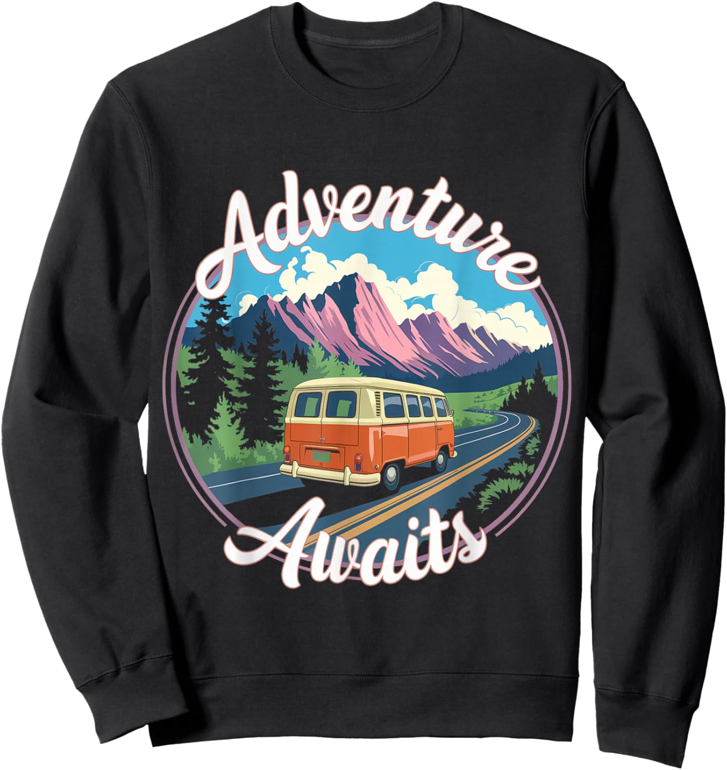 Retro Adventure Apparel Vintage Van Scenic Road Trip Sweatshirt - Sweatshirt | Black