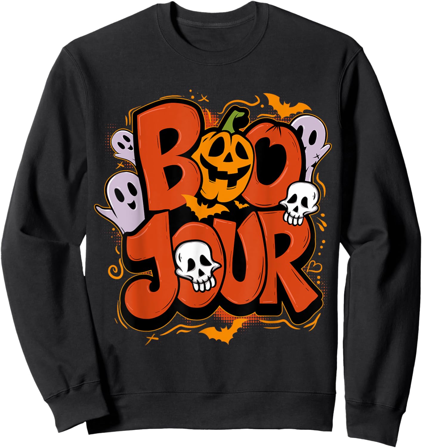 Boo Jour Ghost Halloween Celebrating Funny Groovy Sweatshirt - Sweatshirt | Black