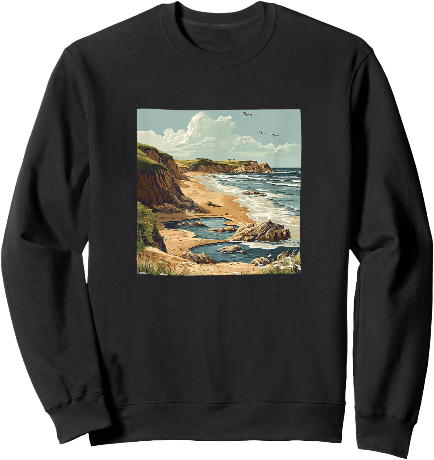 Beach With Tide Pools Vintage Vector Design Graphic Sweatshirt - Sweatshirt | Black