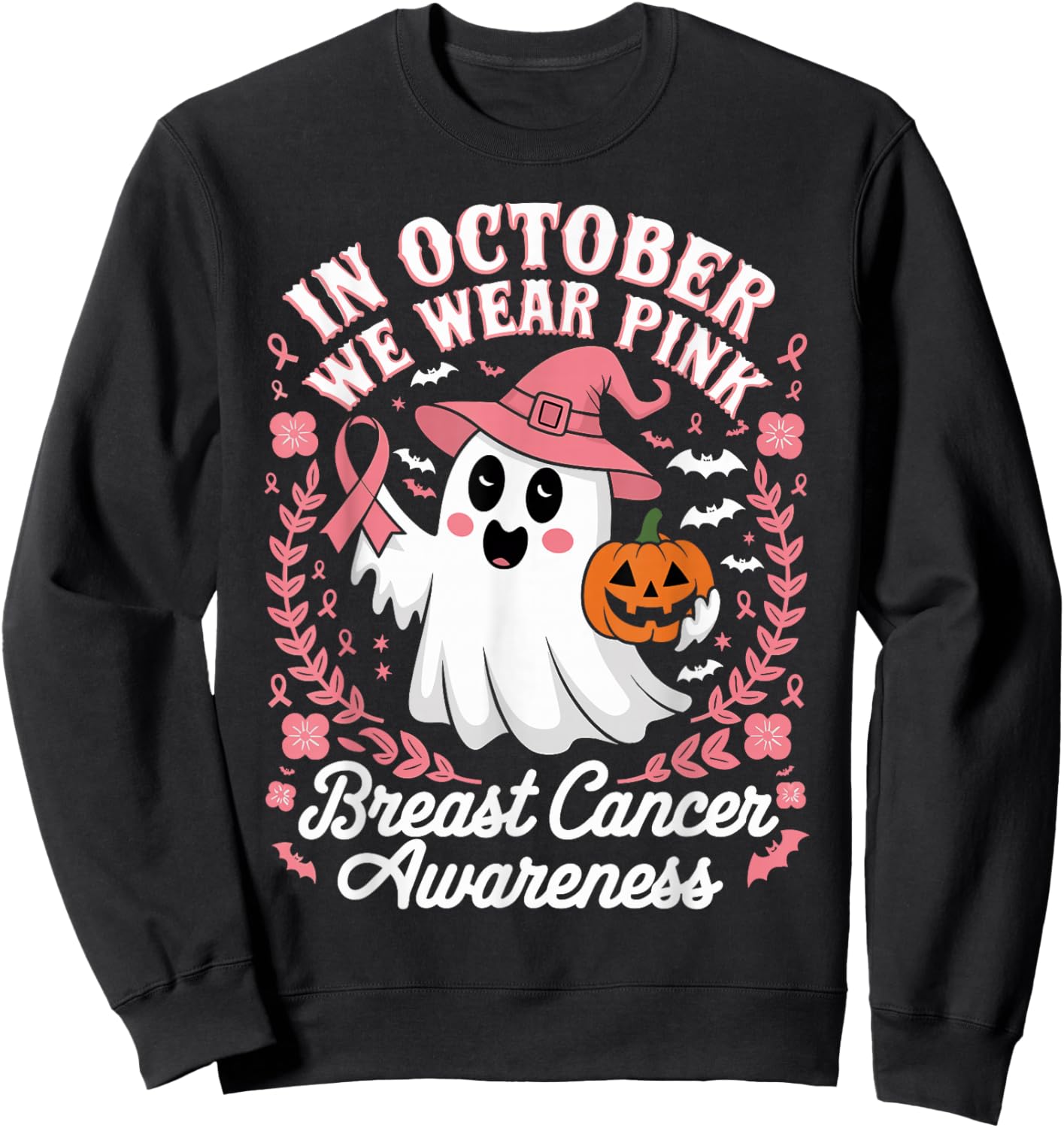 In October We Wear Pink Pumpkins Breast Cancer Awareness Sweatshirt - Sweatshirt | Black