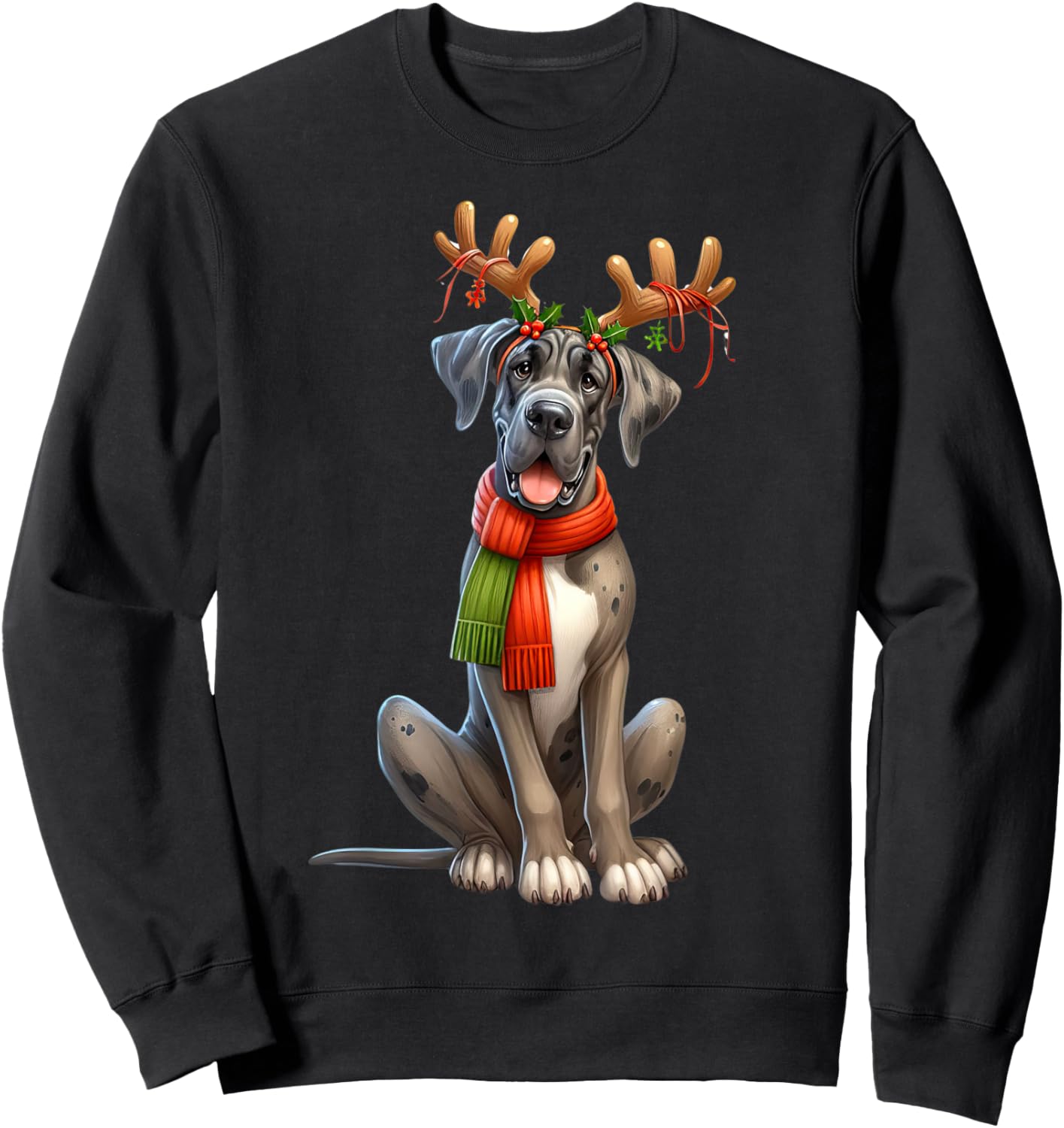Great Dane Reindeer Santa Hat Xmas Lights Christmas Xmas Dog Sweatshirt - Sweatshirt | Black
