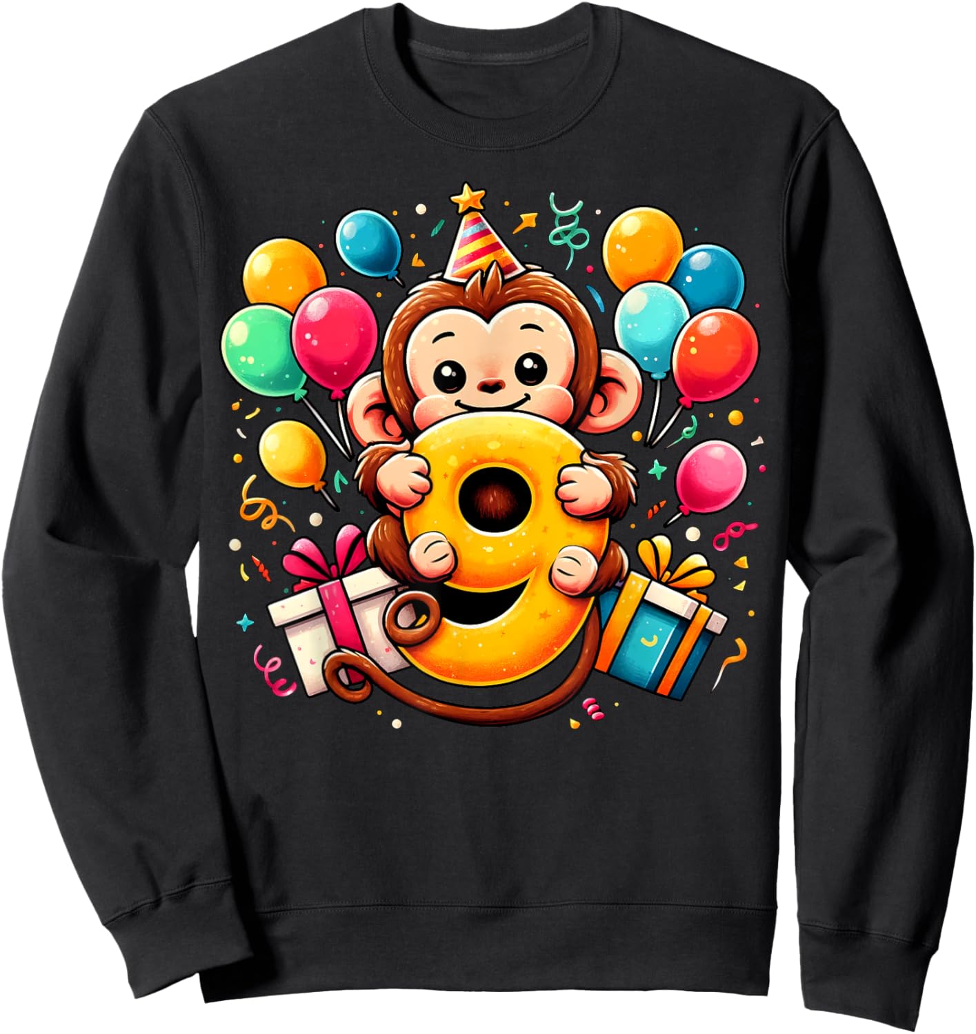 Monkey 9th birthday boy girl 9 years old ninth nine Monkey Sweatshirt - Sweatshirt | Black