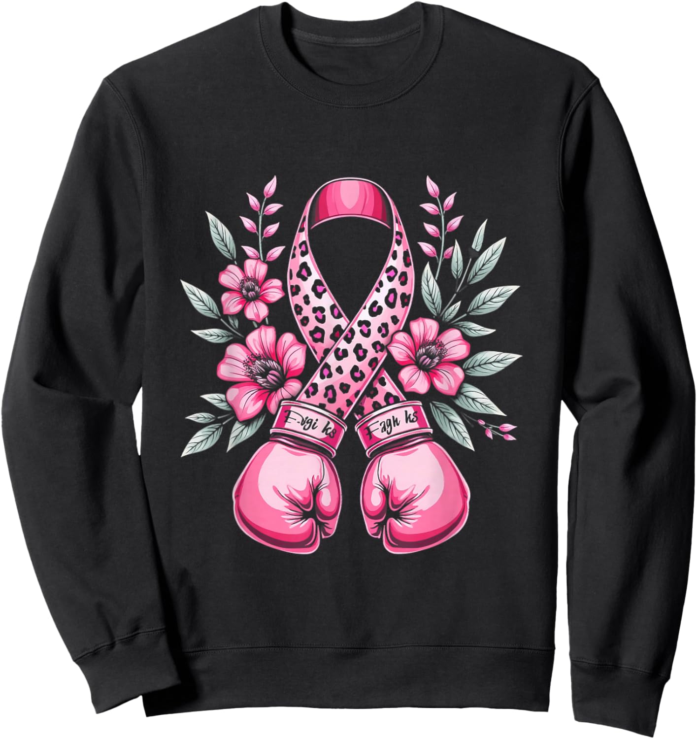 Pink Ribbon Leopard Print Boxing Gloves Breast Cancer Design Sweatshirt - Sweatshirt | Black