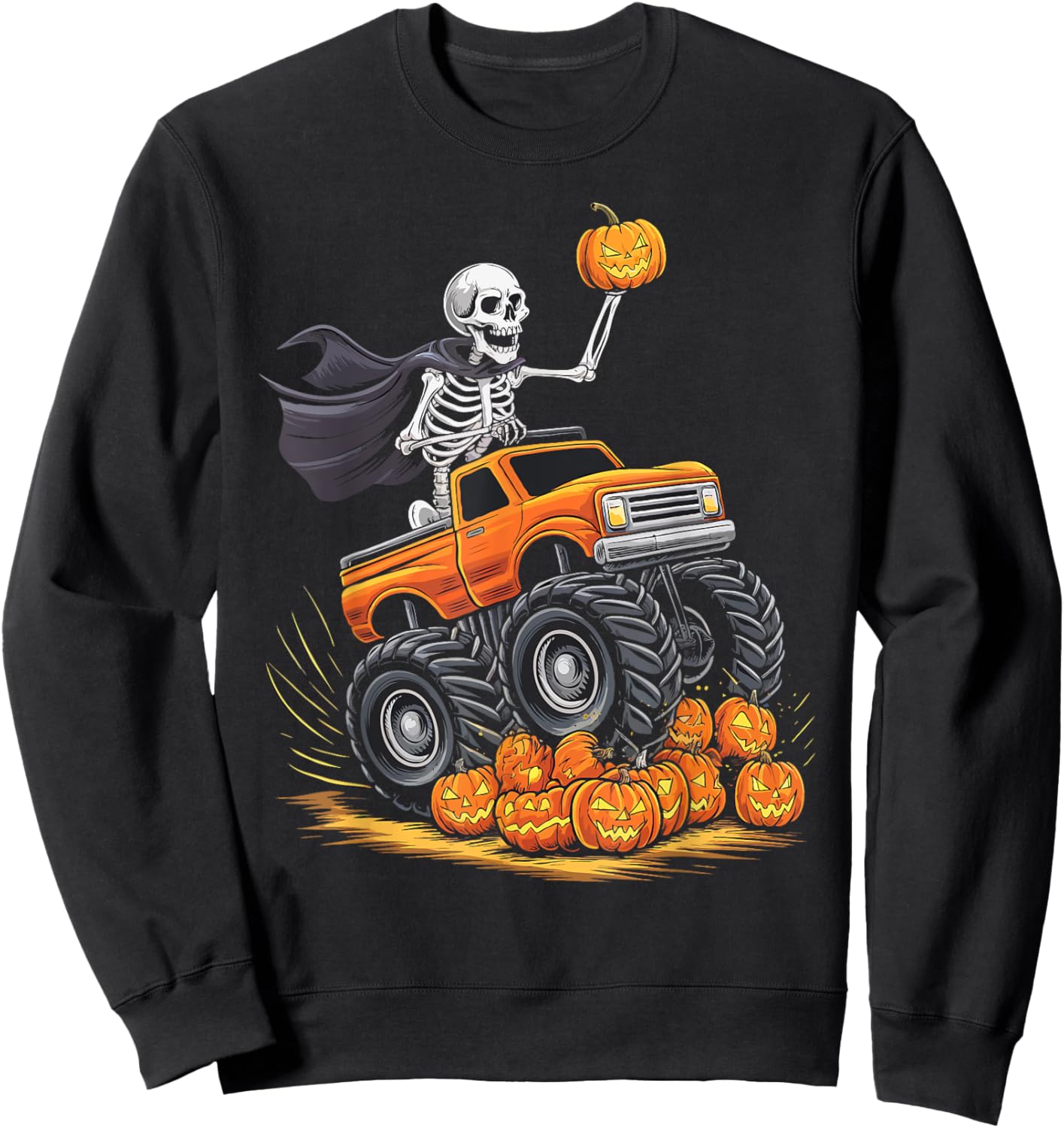 Skeleton Riding Monster Truck Halloween Pumpkin Kids Toddler Sweatshirt - Sweatshirt | Black