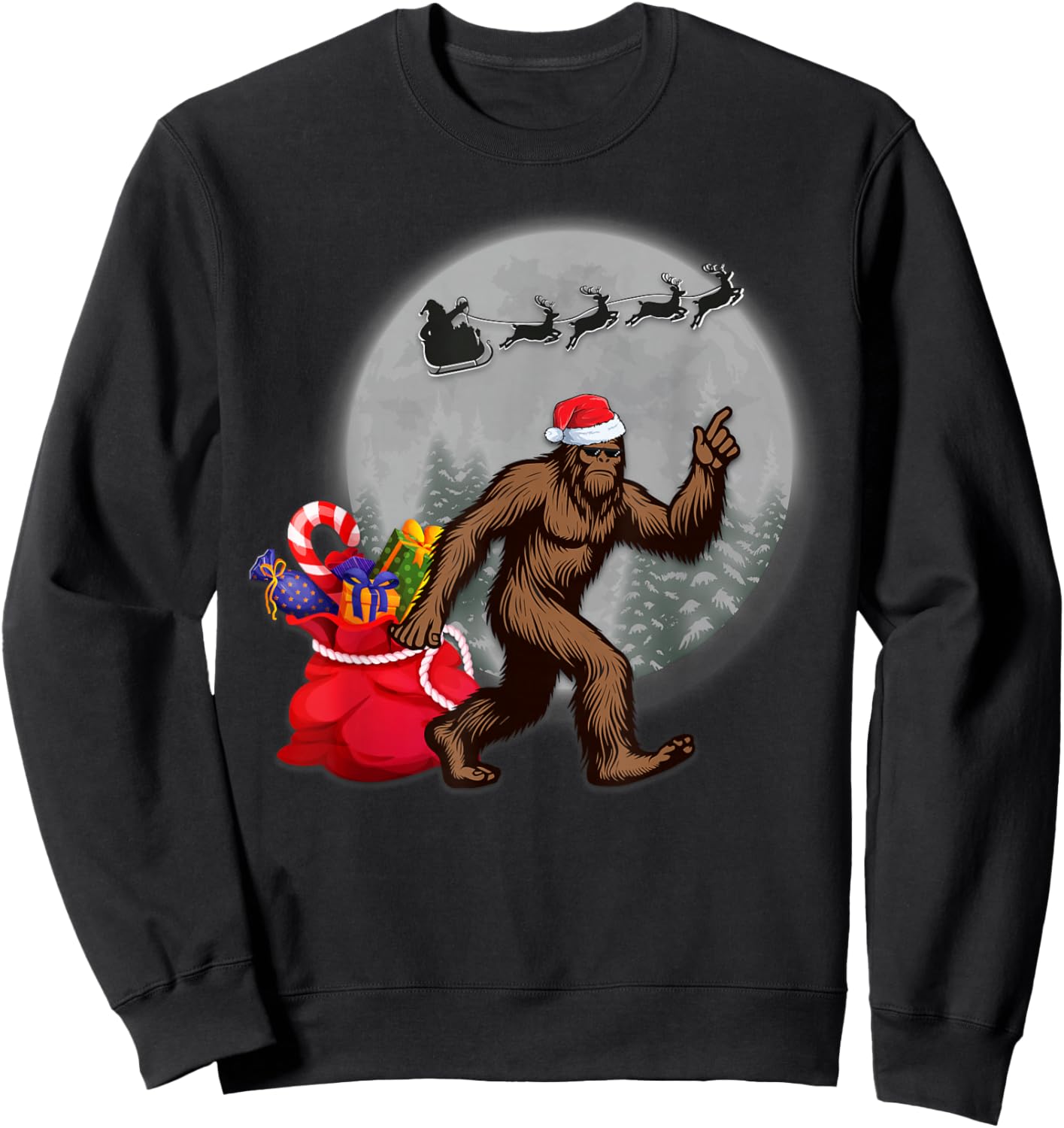 Funny Christmas, Moon Sasquatch, Bigfoot Santa's Big Helper Sweatshirt - Sweatshirt | Black