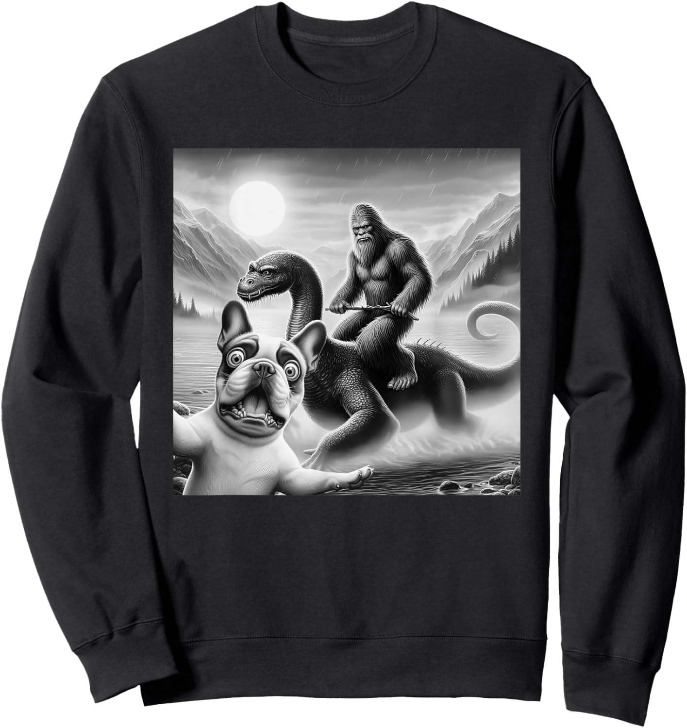 Funny French bulldog Selfie with bigfoot riding loch Ness Women Kids Sweatshirt - Sweatshirt | Black