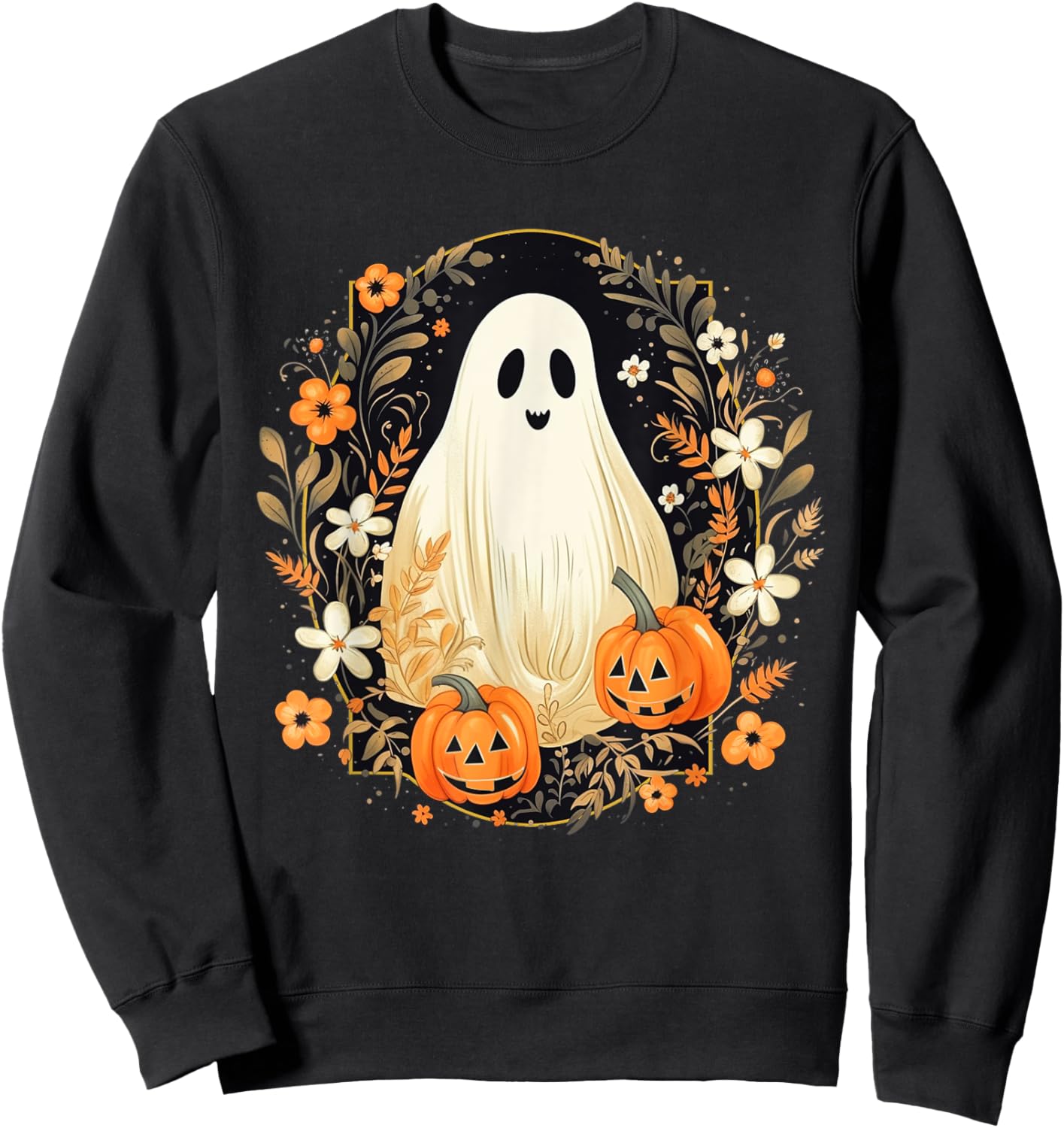 Vintage Floral Ghost Halloween Ghost Pumpkin Jack-o-Lantern Sweatshirt - Sweatshirt | Black