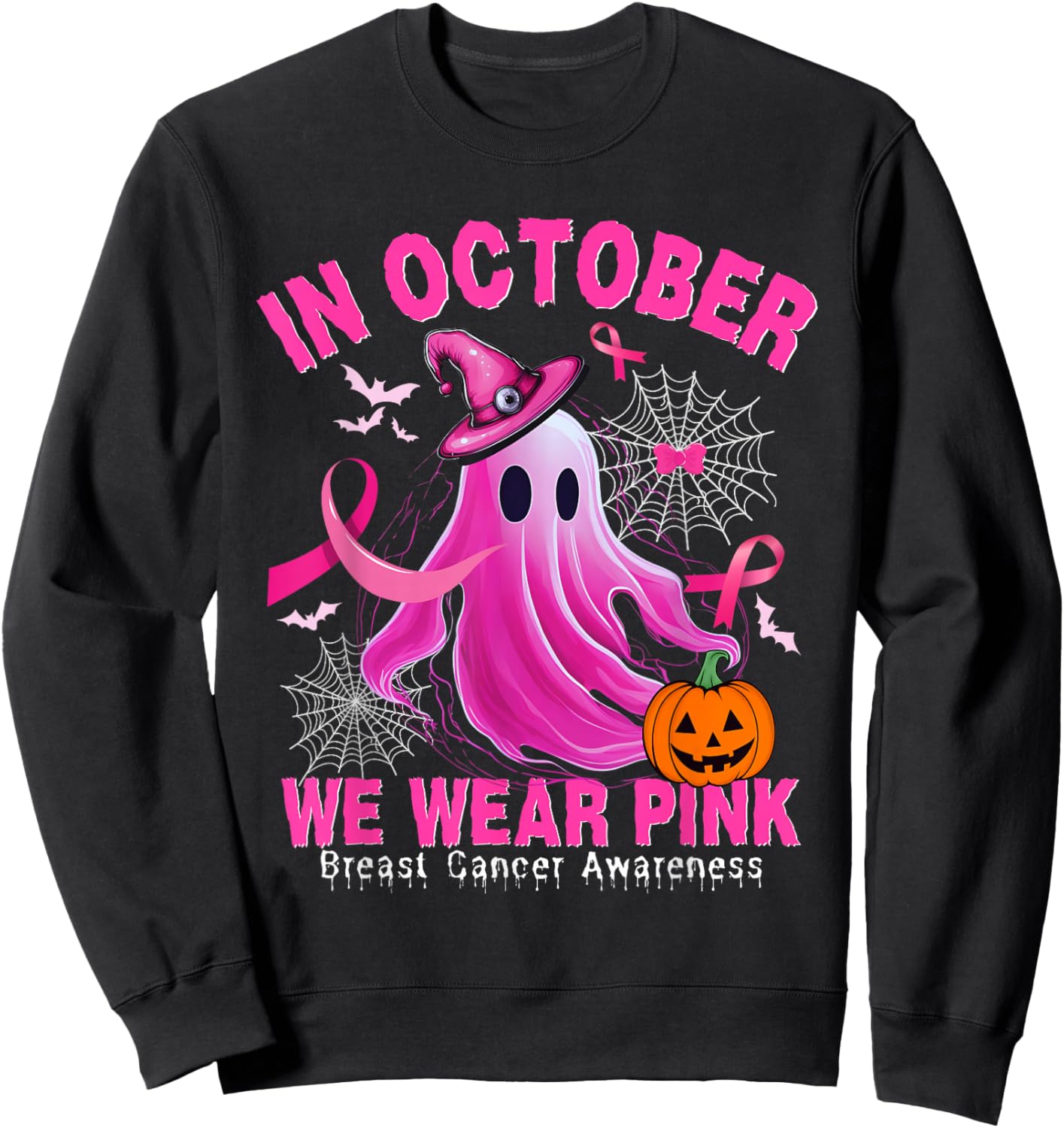 In October We Wear Pink Ghost Breast Cancer Shirts Sweatshirt - Sweatshirt | Black