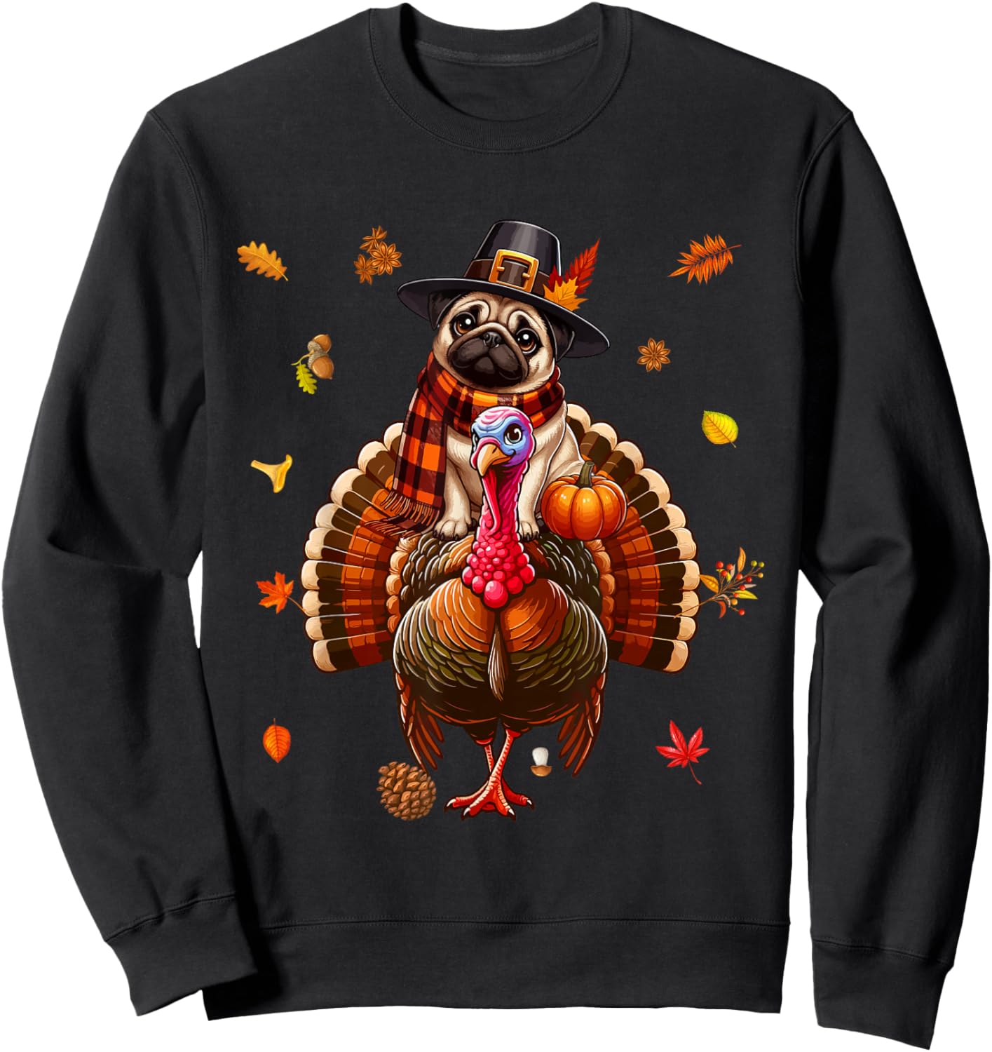Pug Riding Turkey Thanksgiving Fall Leaves Owner Kids Sweatshirt - Sweatshirt | Black