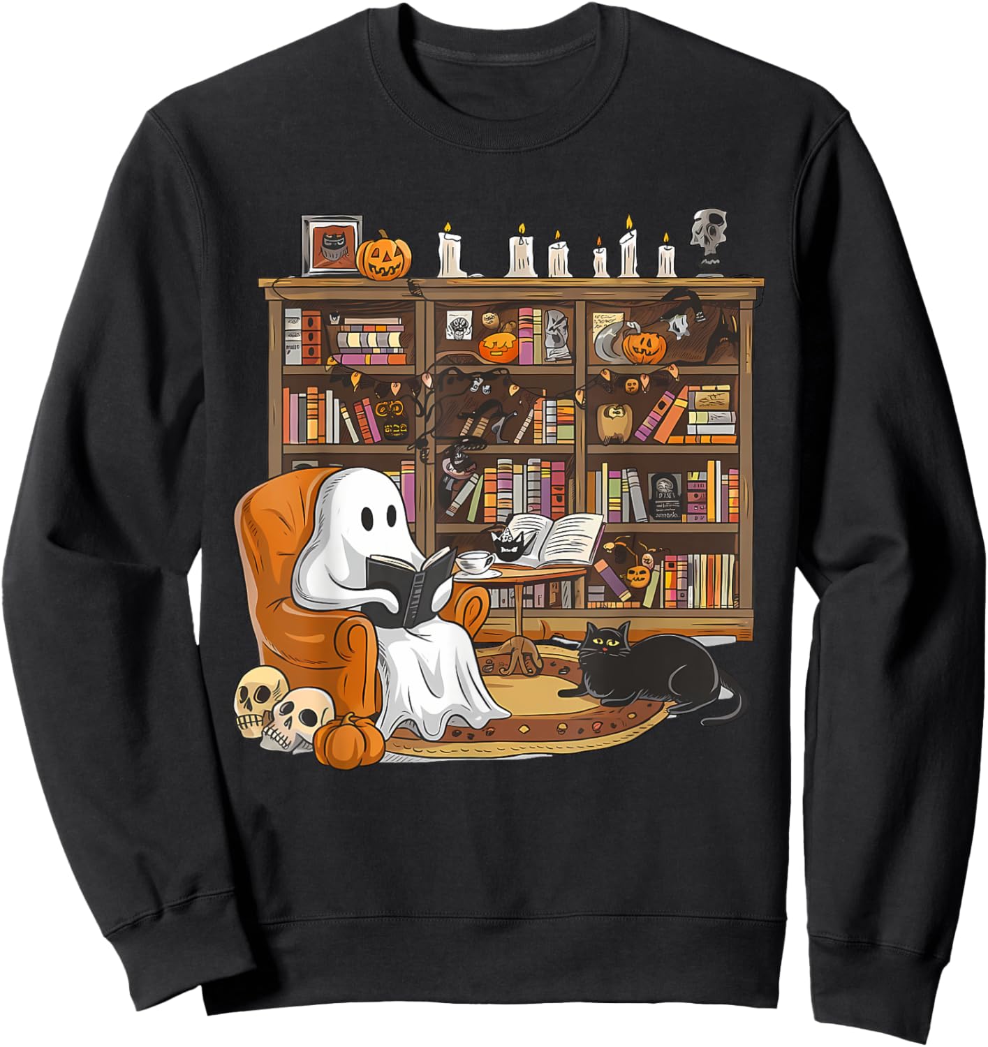 Cute Ghost Reading Books with Black Cat Halloween Book lover Women Kids Sweatshirt - Sweatshirt | Black