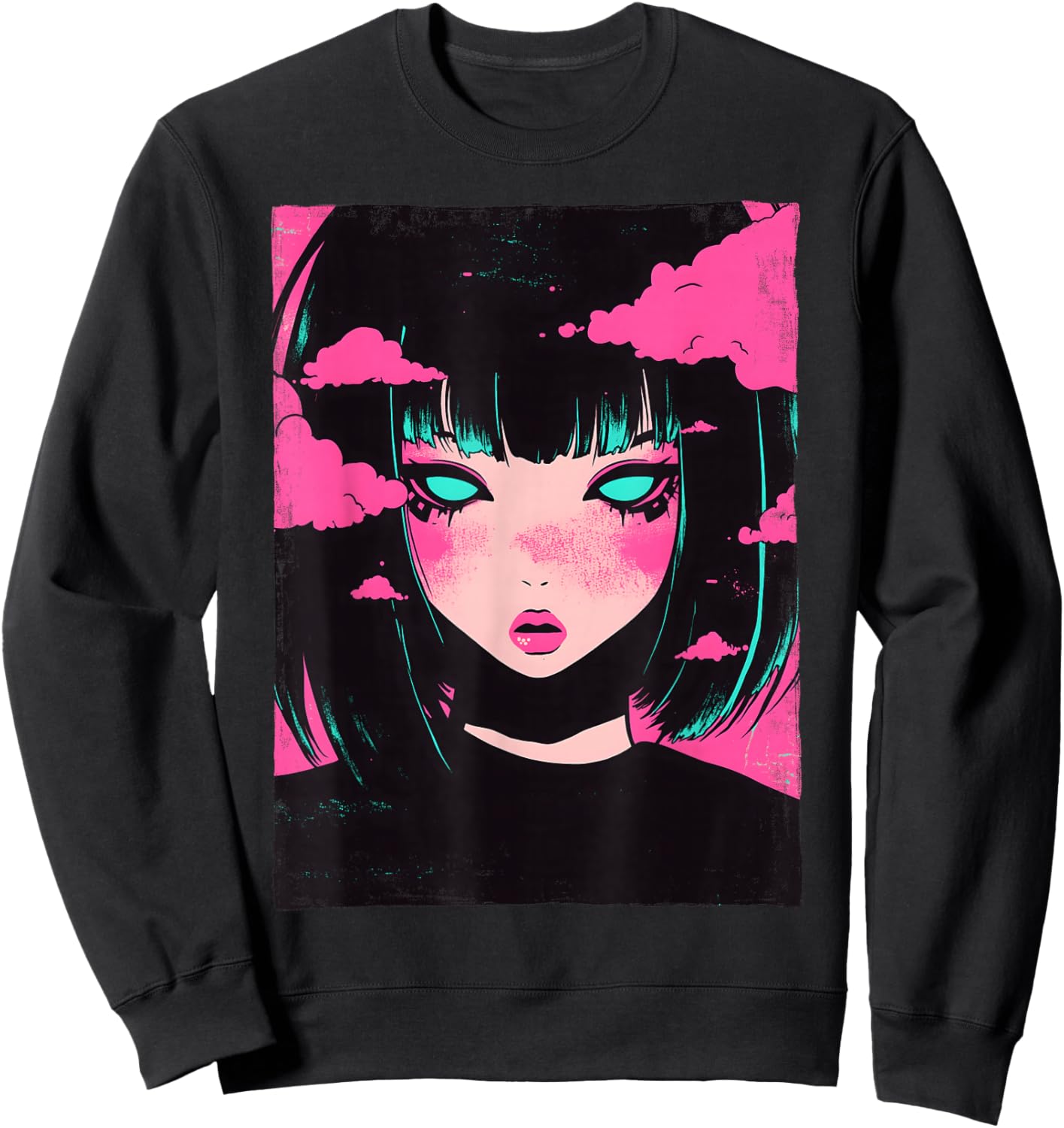 Distressed Anime Girl Vaporwave Pastel Goth E-Girl Grunge Sweatshirt - Sweatshirt | Black