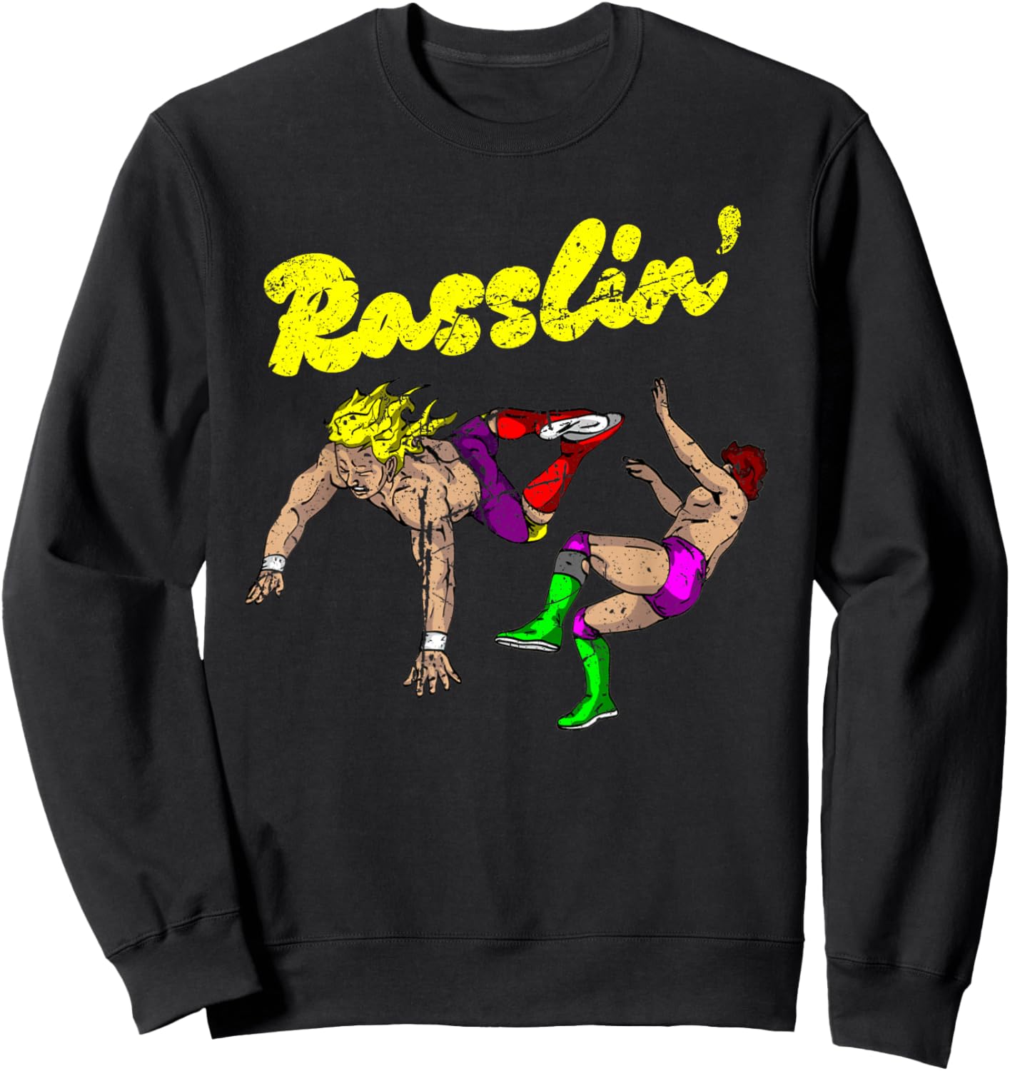 Masked Designer Vintage Grunge Rasslin' Pro Wrestling Fan - Black - -Adults & Kids - Short Sleeve - - Wrestling Fan Sweatshirt - Sweatshirt | Black