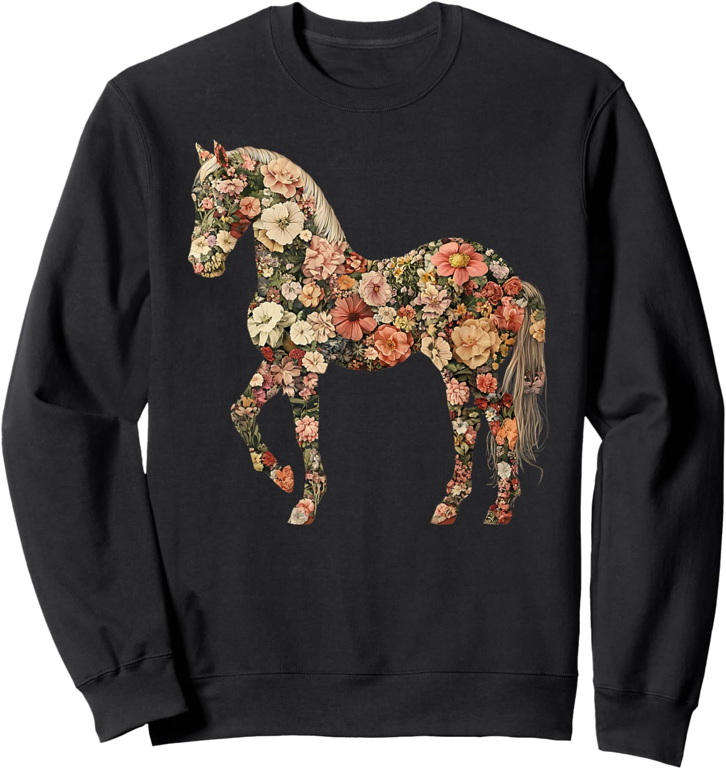 Horse Lover Gifts Floral Horse - Adults, Black, Small, Short Sleeve Sweatshirt - Sweatshirt | Black