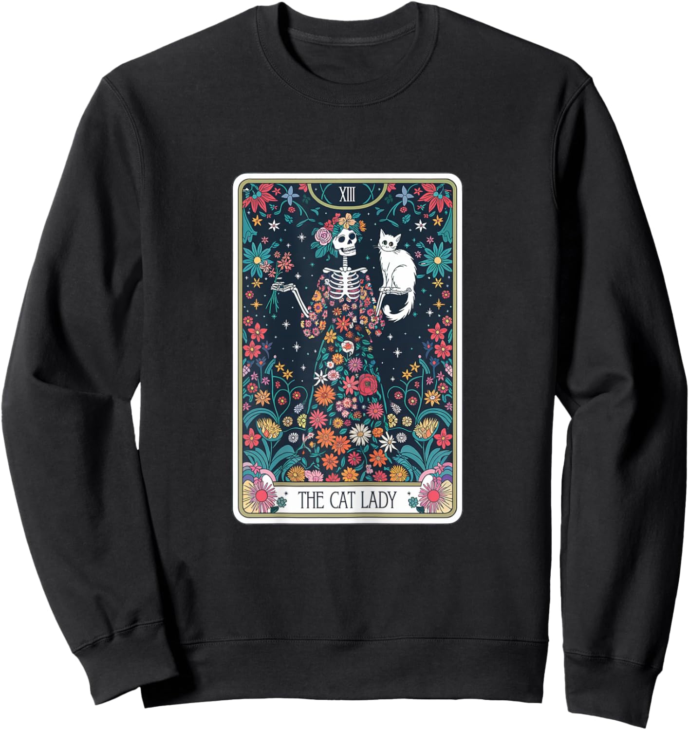Tarot Card The Cat Lady Cats Lover Vintage Goth Art Skeleton Sweatshirt - Sweatshirt | Black