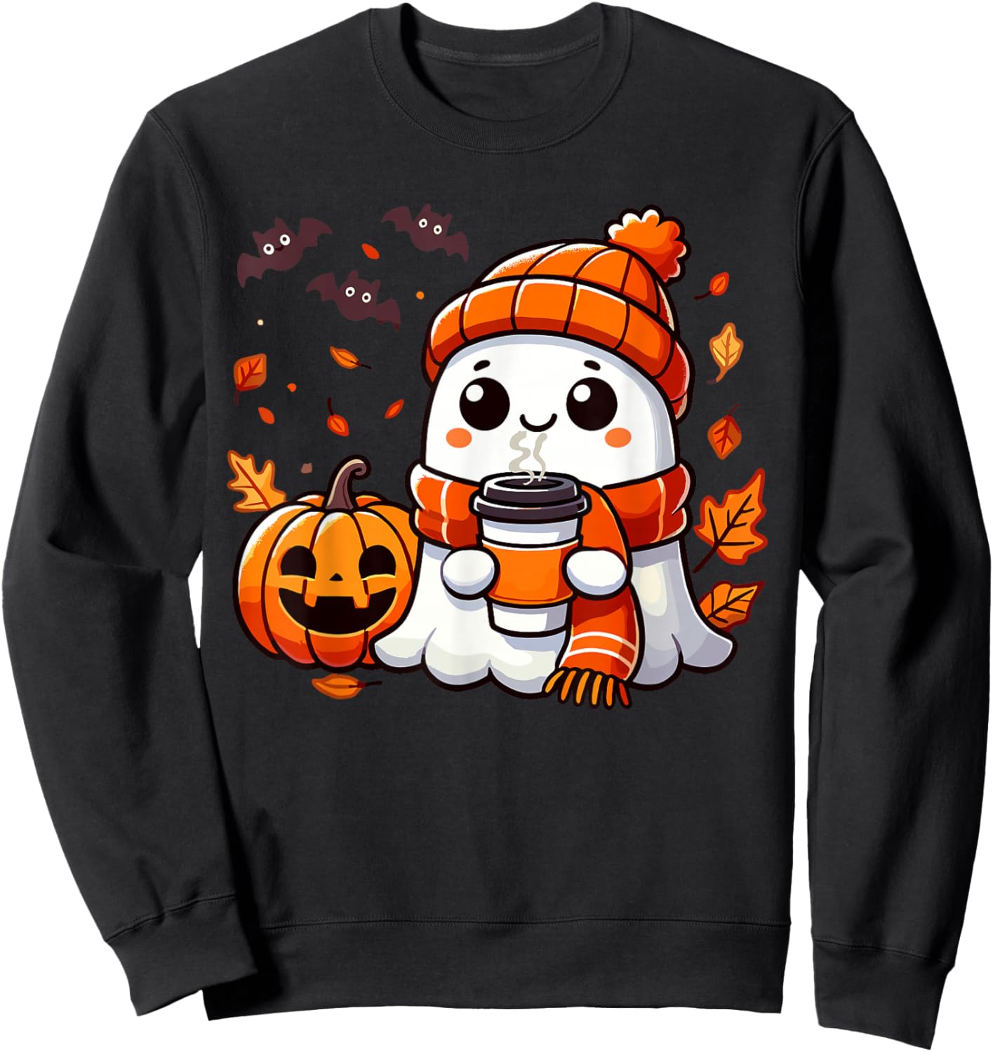 Cute Halloween Ghost Drinking Ice Coffee, Halloween Women Sweatshirt - Sweatshirt | Black