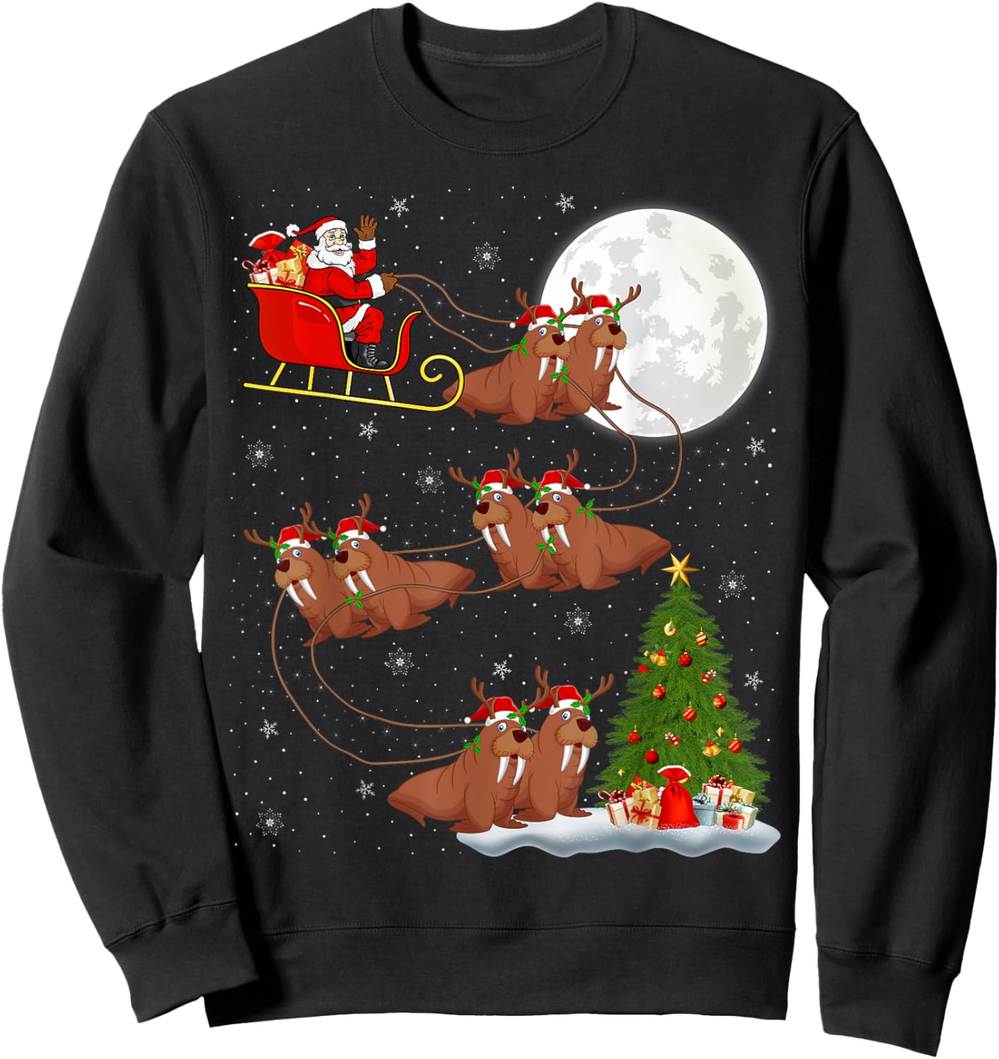 Xmas Tree Lights Funny Santa Riding Walrus Christmas Sweatshirt - Sweatshirt | Black