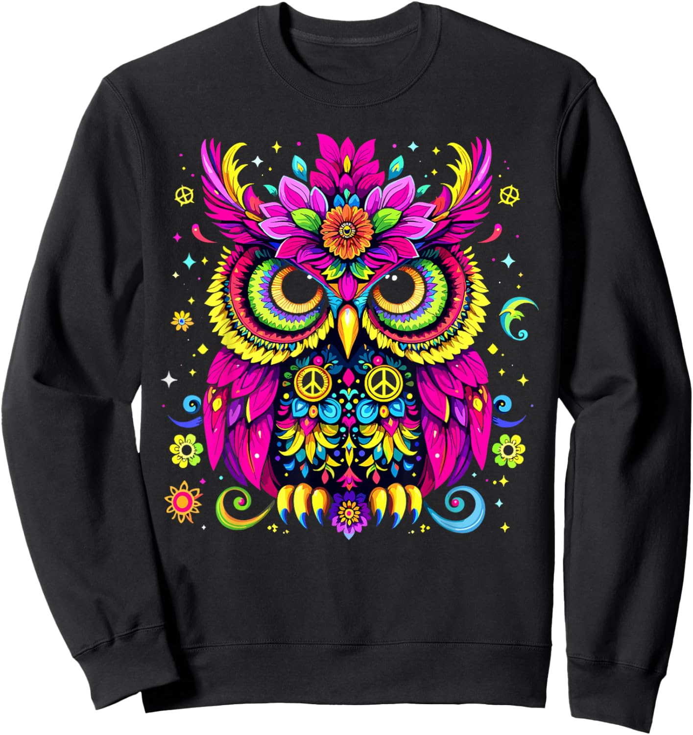 Trippy EDM Peace Owl Hippie Psychedelic Sweatshirt - Sweatshirt | Black