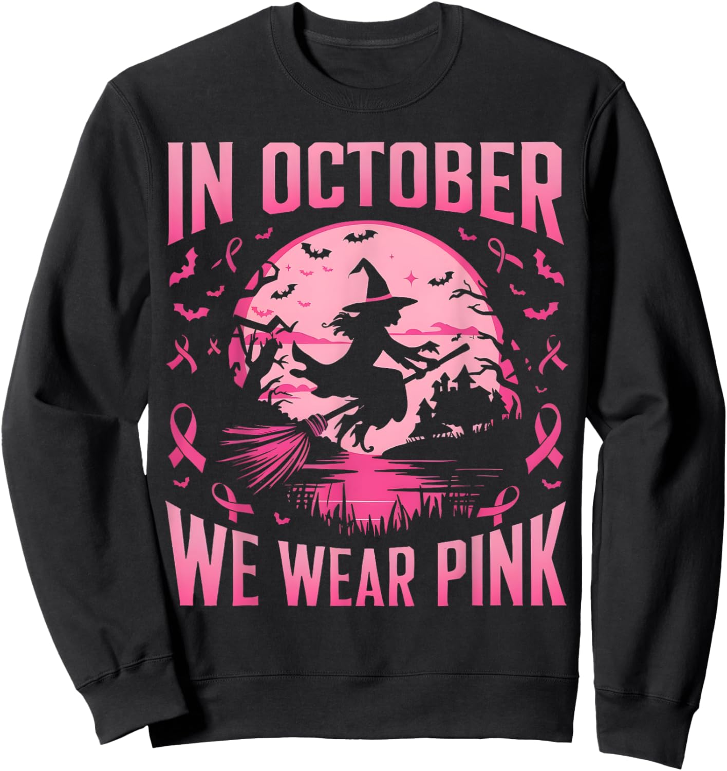 In October We Wear Pink Ghost Witch Breast Cancer Awareness Sweatshirt - Sweatshirt | Black