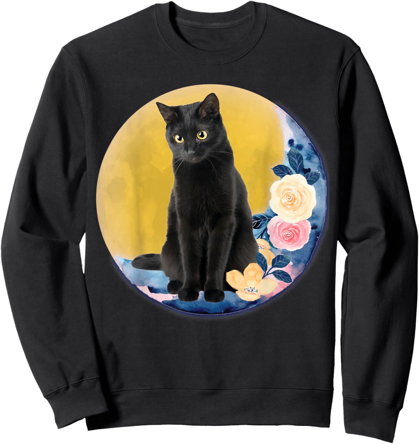 Cute Cat Motif Cat On Crescent Moon With Flowers Moonlight Men Women Kids Sweatshirt - Sweatshirt | Black