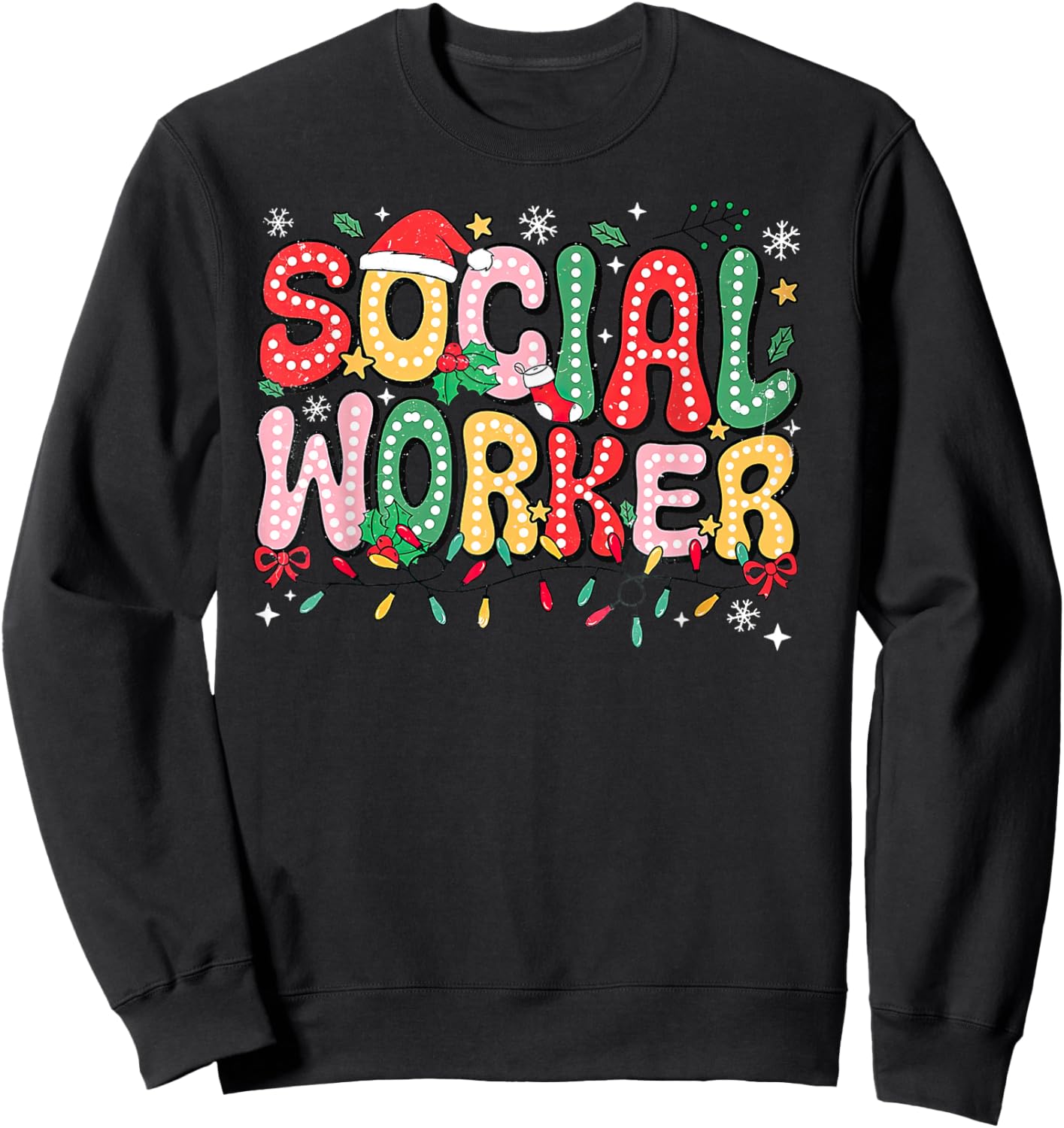 Retro Social Worker Santa Hat Christmas Lights Social Work Sweatshirt - Sweatshirt | Black