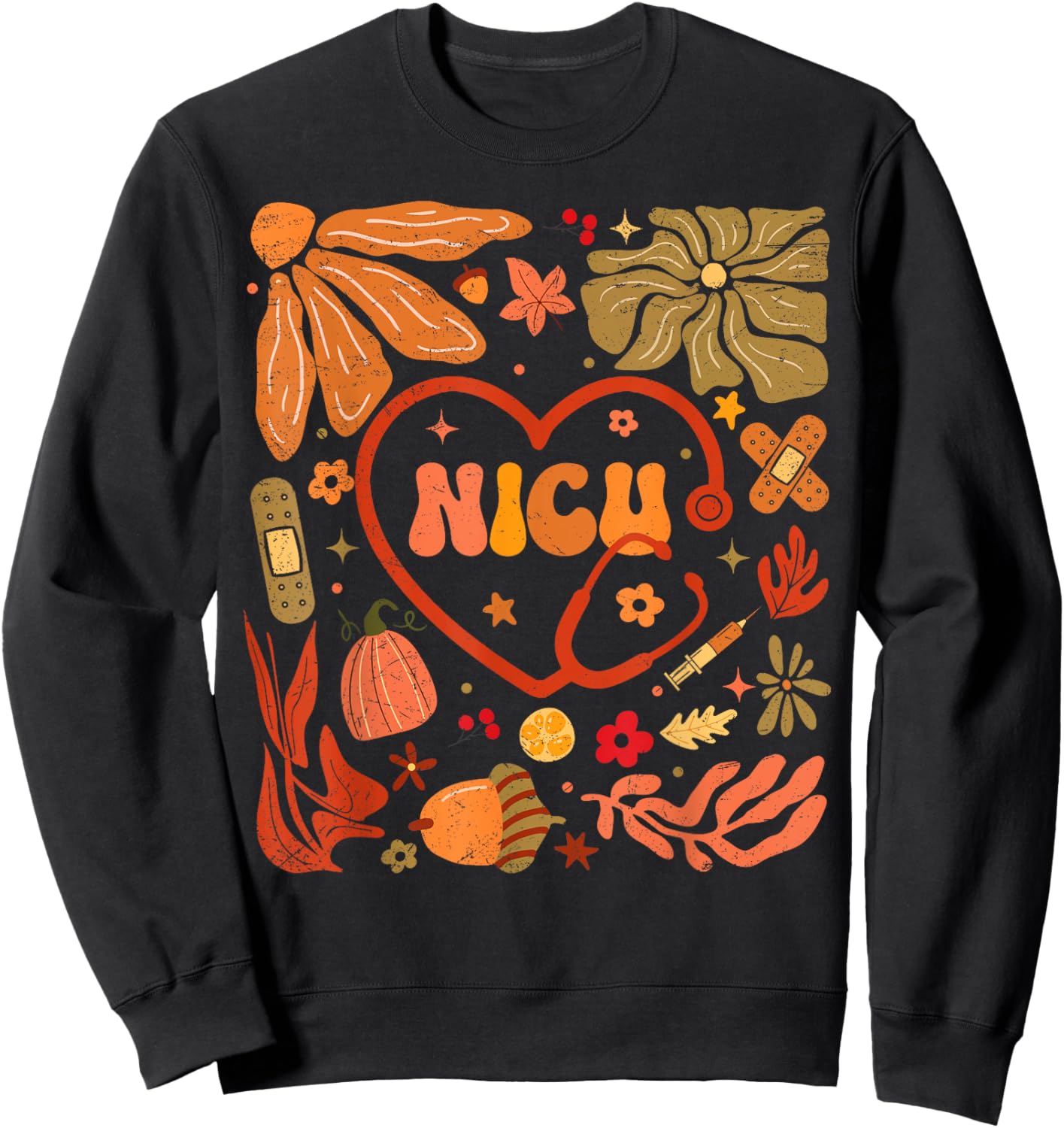 NICU Nurse Heart Pumpkin Boho Flower Thanksgiving Sweatshirt - Sweatshirt | Black