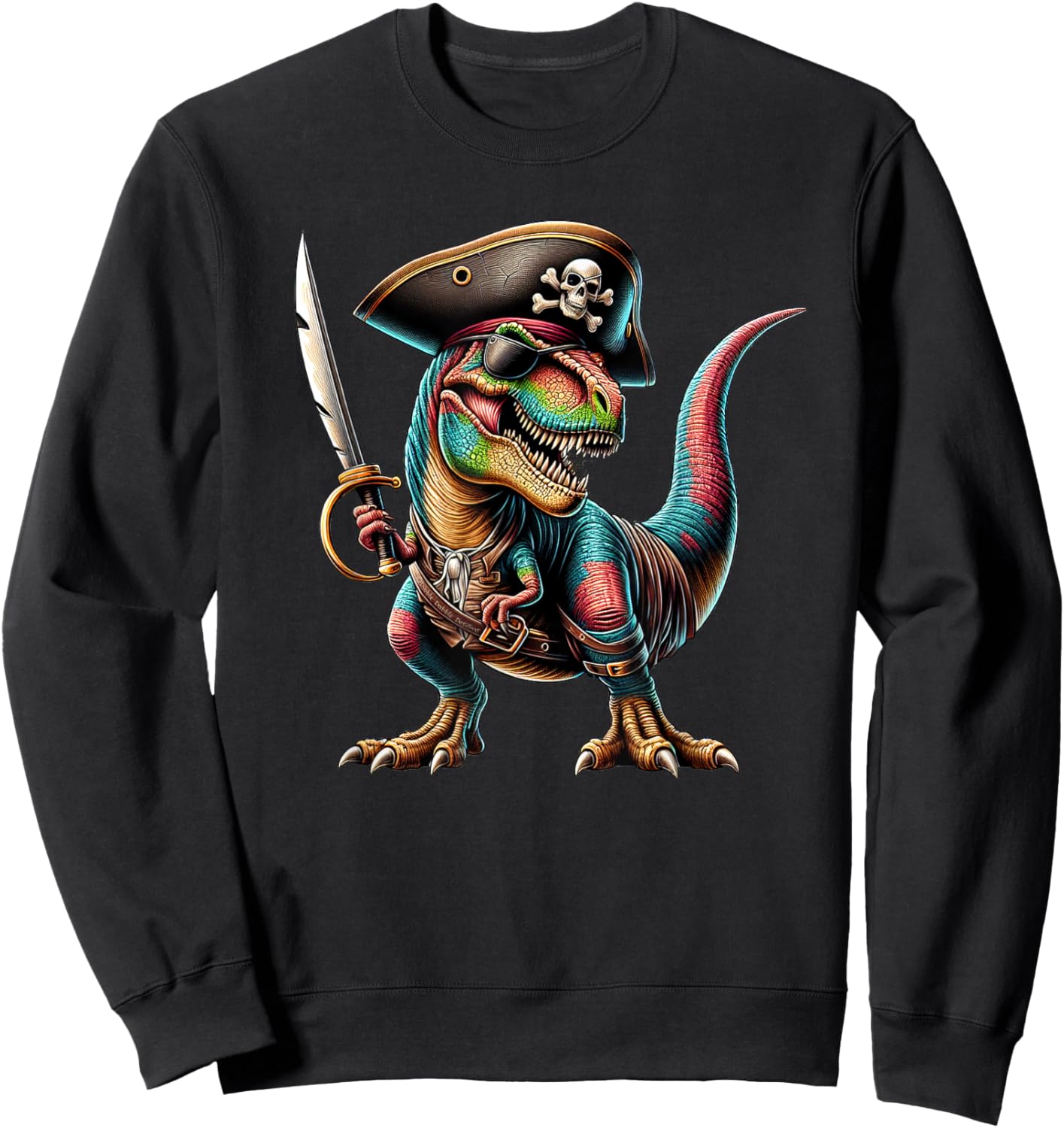 Pirate Dinosaur T-Rex with Sword and Eye Patch Pirate Sweatshirt - Sweatshirt | Black