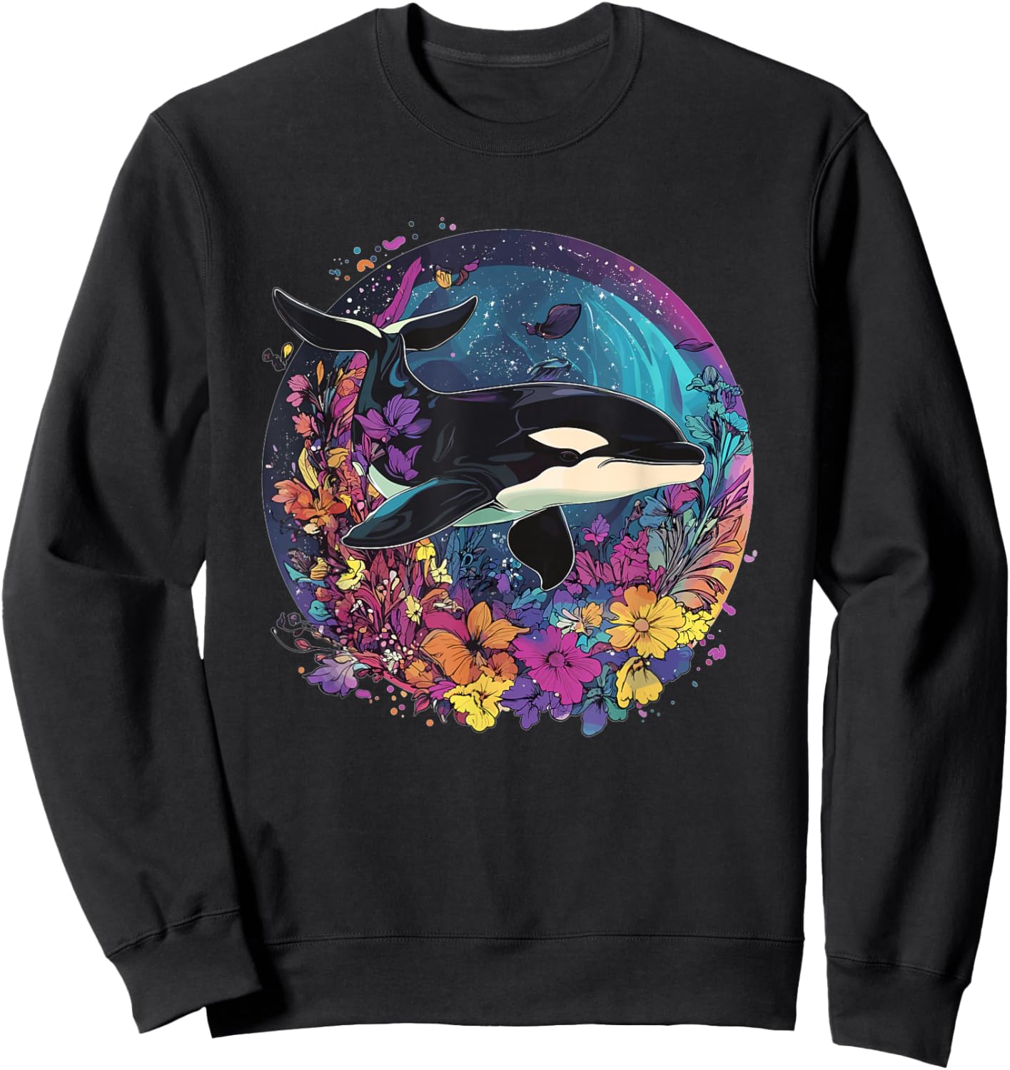 Orca Whale Surrounded By Vibrant Flowers Sweatshirt - Sweatshirt | Black