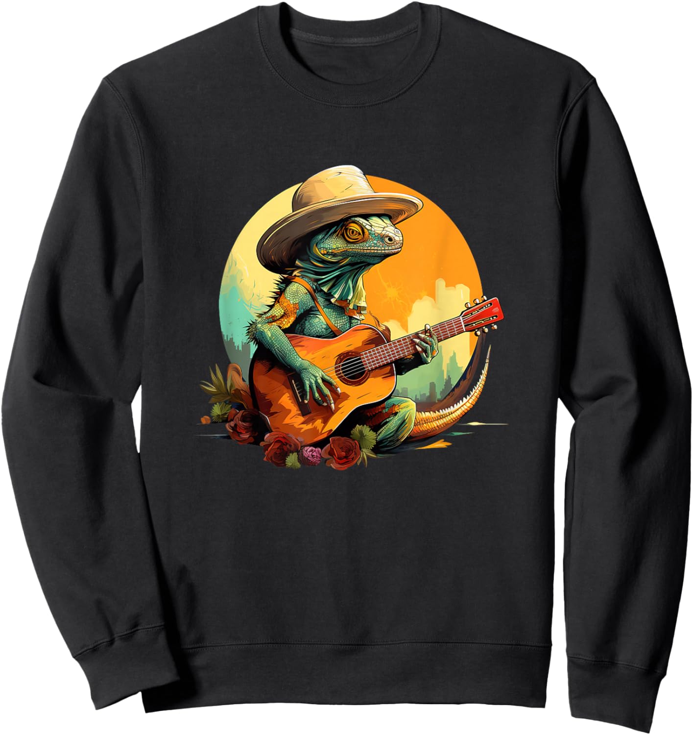 Cowboy Country Iguana Lizard Playing Guitar - Mexico Vintage Sweatshirt - Sweatshirt | Black