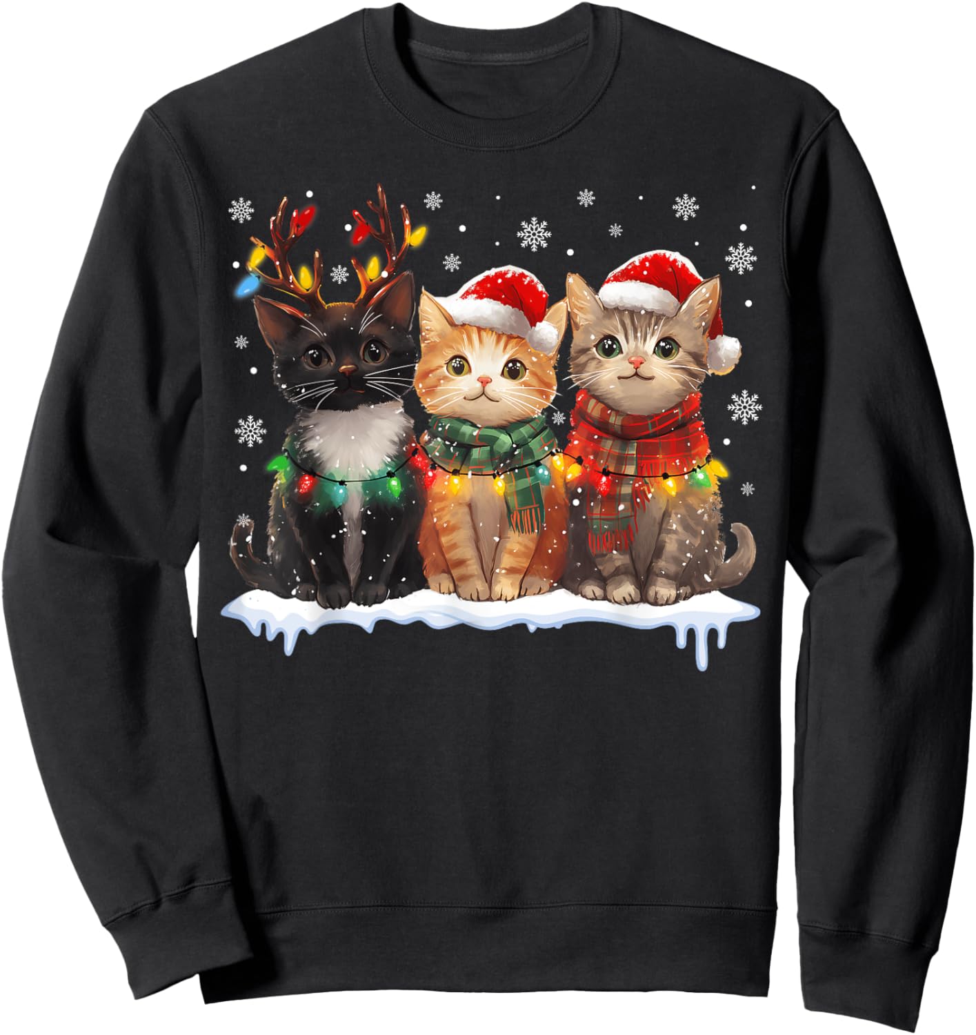 Santa Cat Light Reindeer Christmas Cat Lover Pajamas Sweatshirt - Sweatshirt | Black