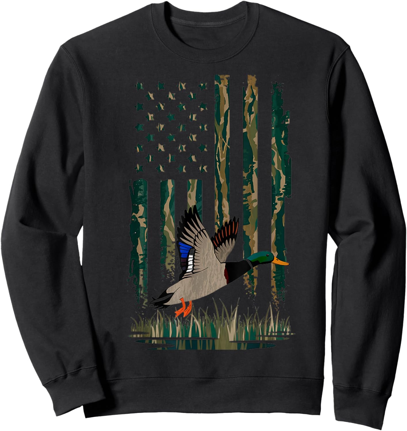 Duck Hunting Shirt Men Boys Kids Waterfowl Hunters Camo Flag Sweatshirt - Sweatshirt | Black