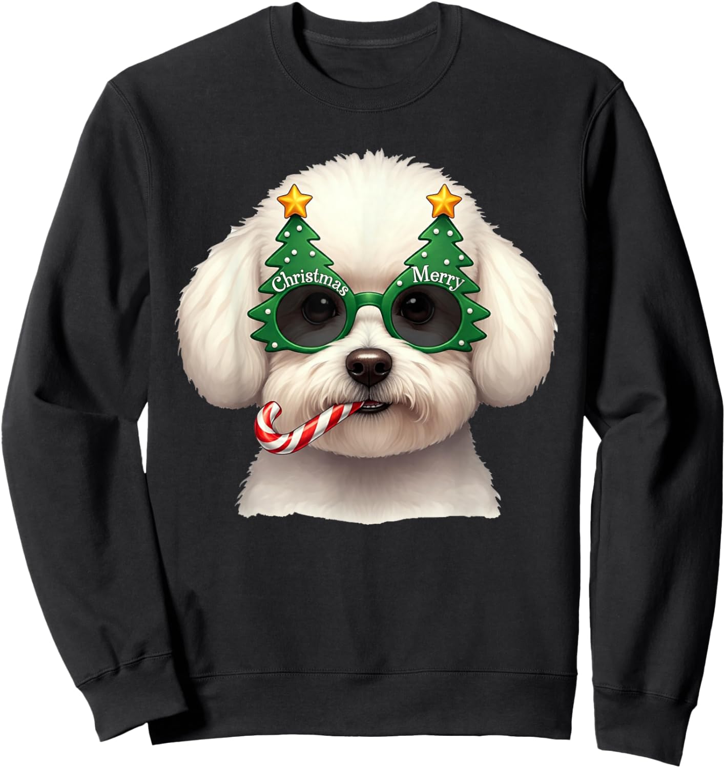 Christmas Tree Sunglasses Bichon Frise Candy Cane Men Women Sweatshirt - Sweatshirt | Black