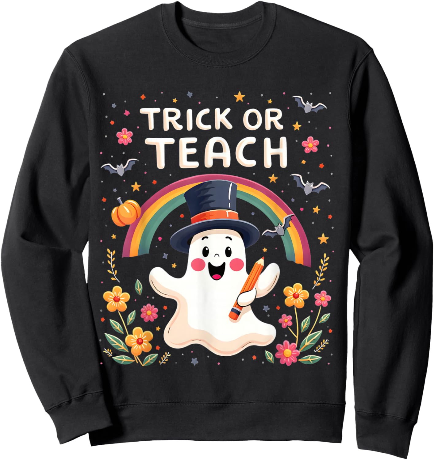 Trick Or Teach Cute Halloween Ghost Theme Sweatshirt - Sweatshirt | Black