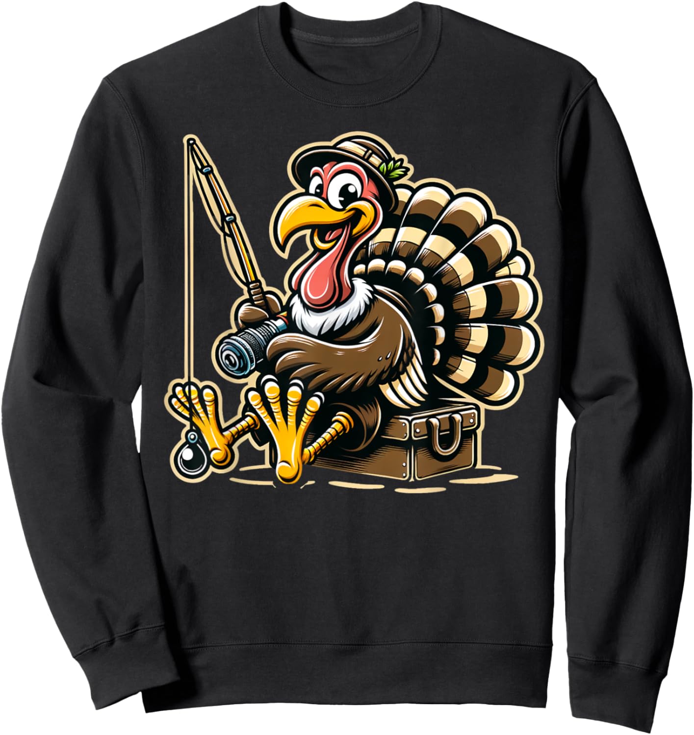 Autumn & Thanksgiving Designs Women & Kids Funny Turkey Fishing Thanksgiving Fisherman Humor Sweatshirt - Sweatshirt | Black