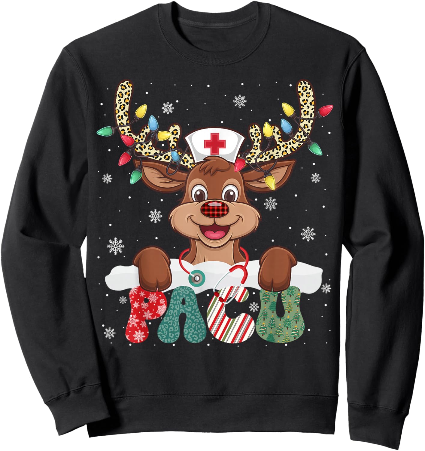 PACU Nurse Reindeer Nurse Hat Christmas Light Women Girl Sweatshirt - Sweatshirt | Black