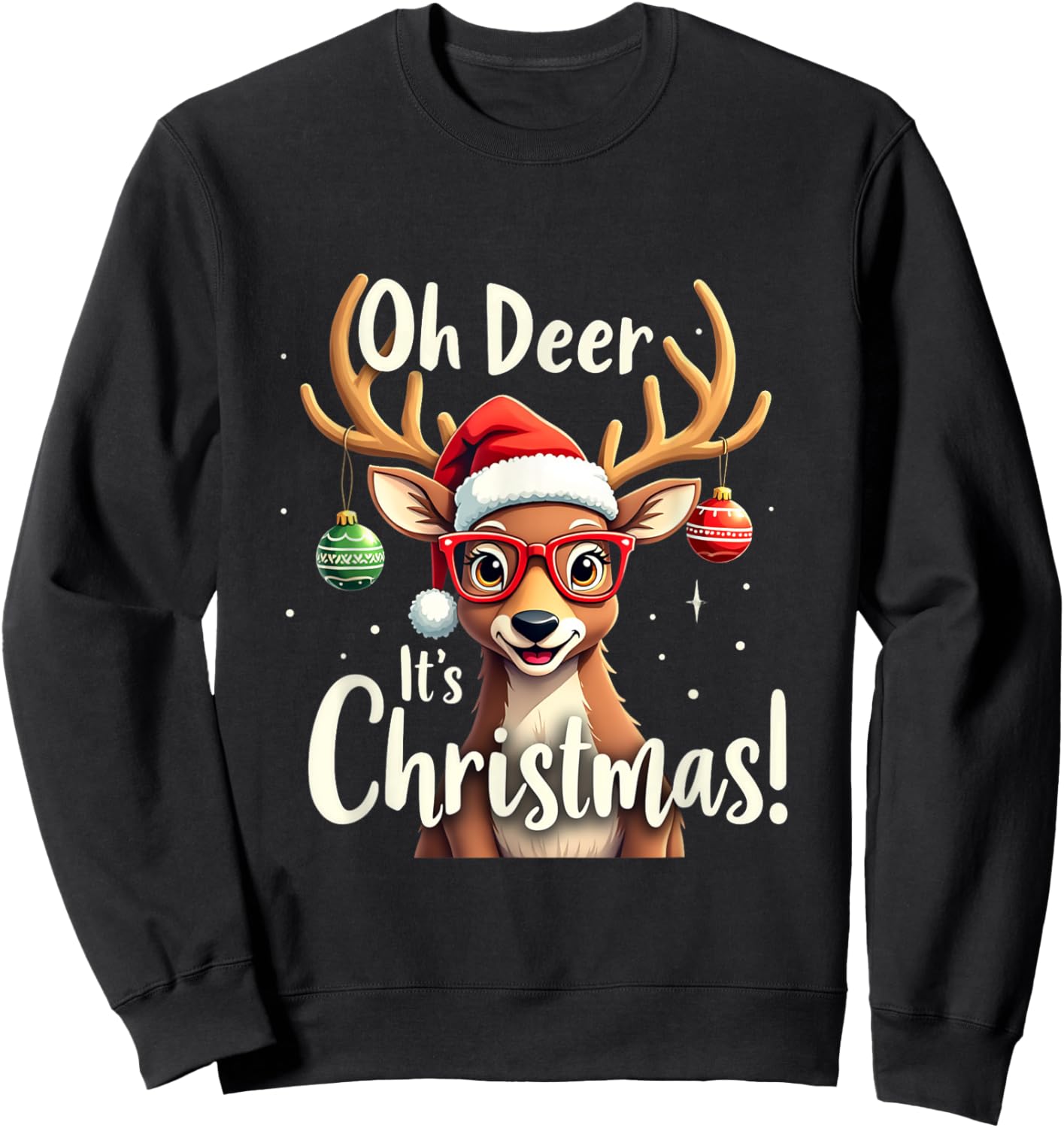 Oh Deer It's Christmas with Santa Hat and Glasses Sweatshirt - Sweatshirt | Black