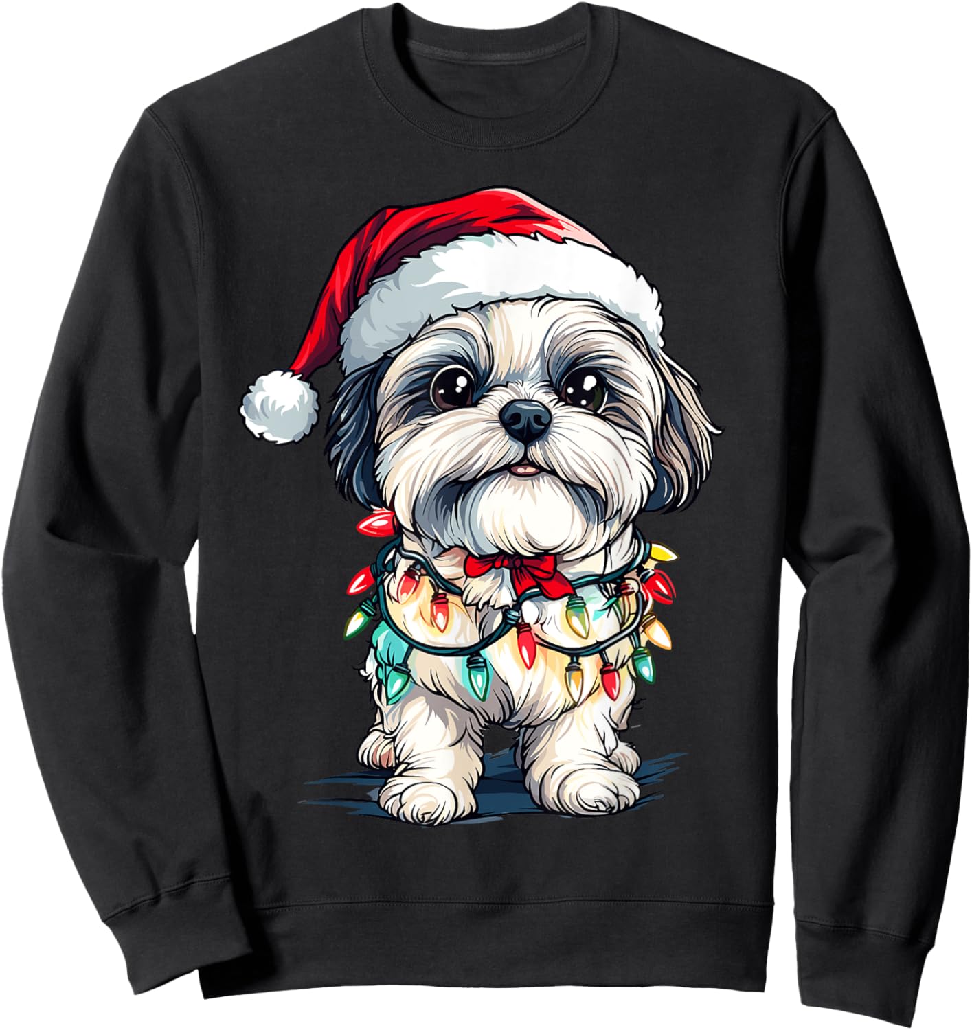 Shih Tzu Santa Christmas Tree Lights Xmas Dog Lover Pajama Women Kids Sweatshirt - Sweatshirt | Black