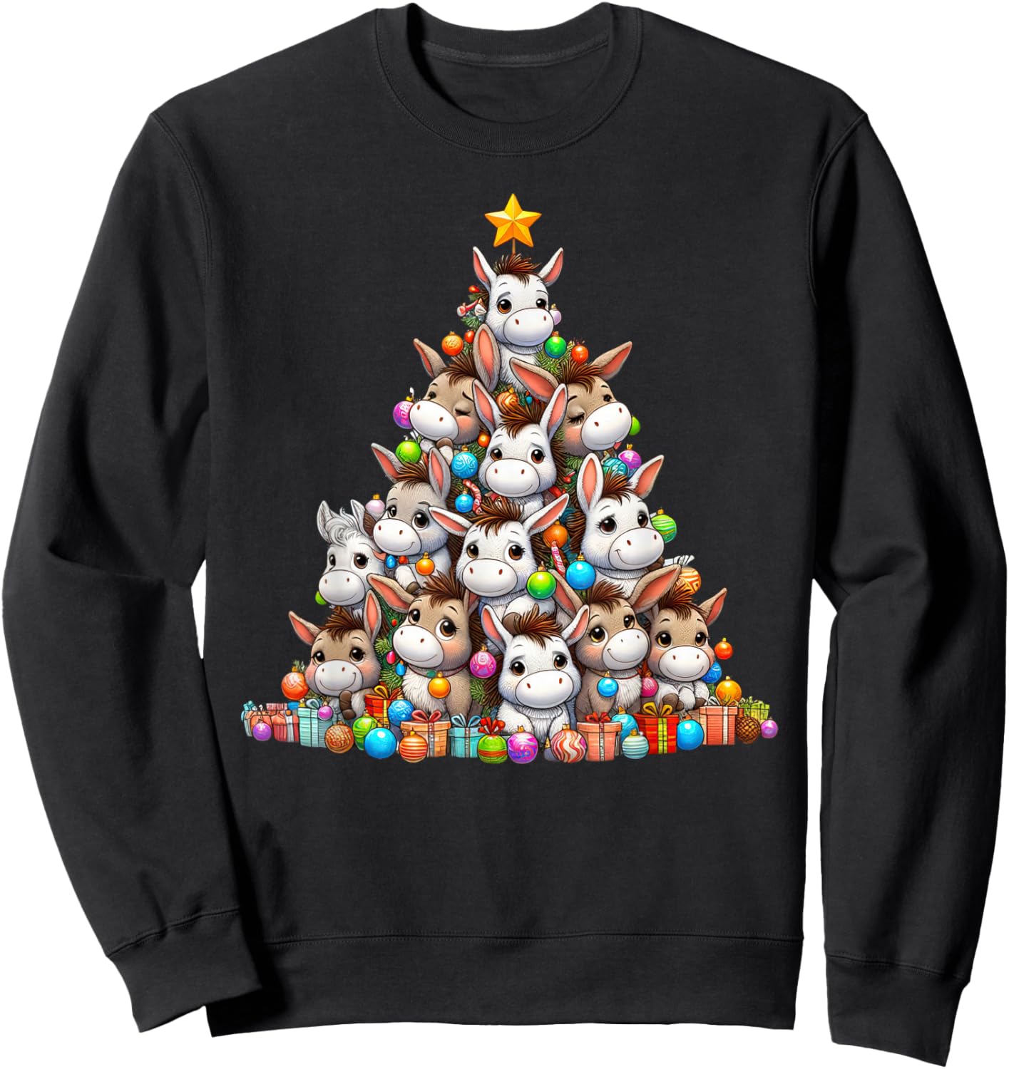 Cute Donkey Christmas Tree Kids Funny Sweatshirt - Sweatshirt | Black
