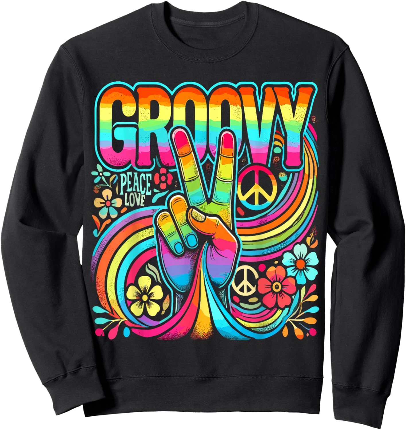 Tie Dye Peace Sign Hippie Love Groovy - -Adult, Small, Black, Short Sleeve, Classic Fit, , All Seasons Sweatshirt - Sweatshirt | Black