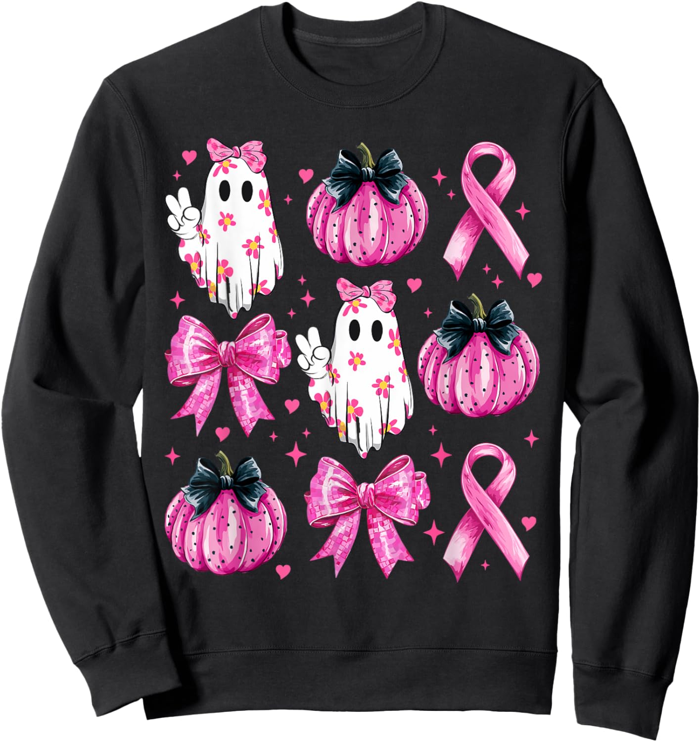Retro Groovy Breast Cancer Ghost Coquette Halloween Pink Sweatshirt - Sweatshirt | Black